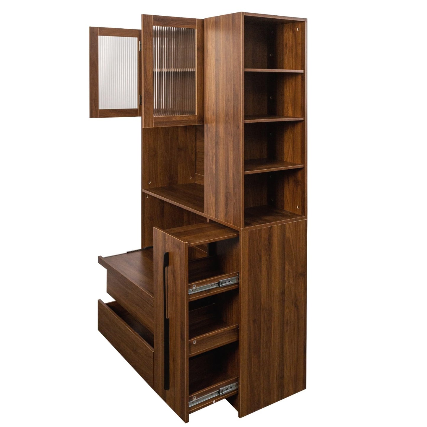 KEIKI 70.87" Tall Kitchen Pantry Storage Cabinet with Pull-Out Shelf, Side Shelves, 2 Drawers, Glass Doors & Microwave Stand, Freestanding Wood Hutch Food Pantries Cupboard for Dining Room