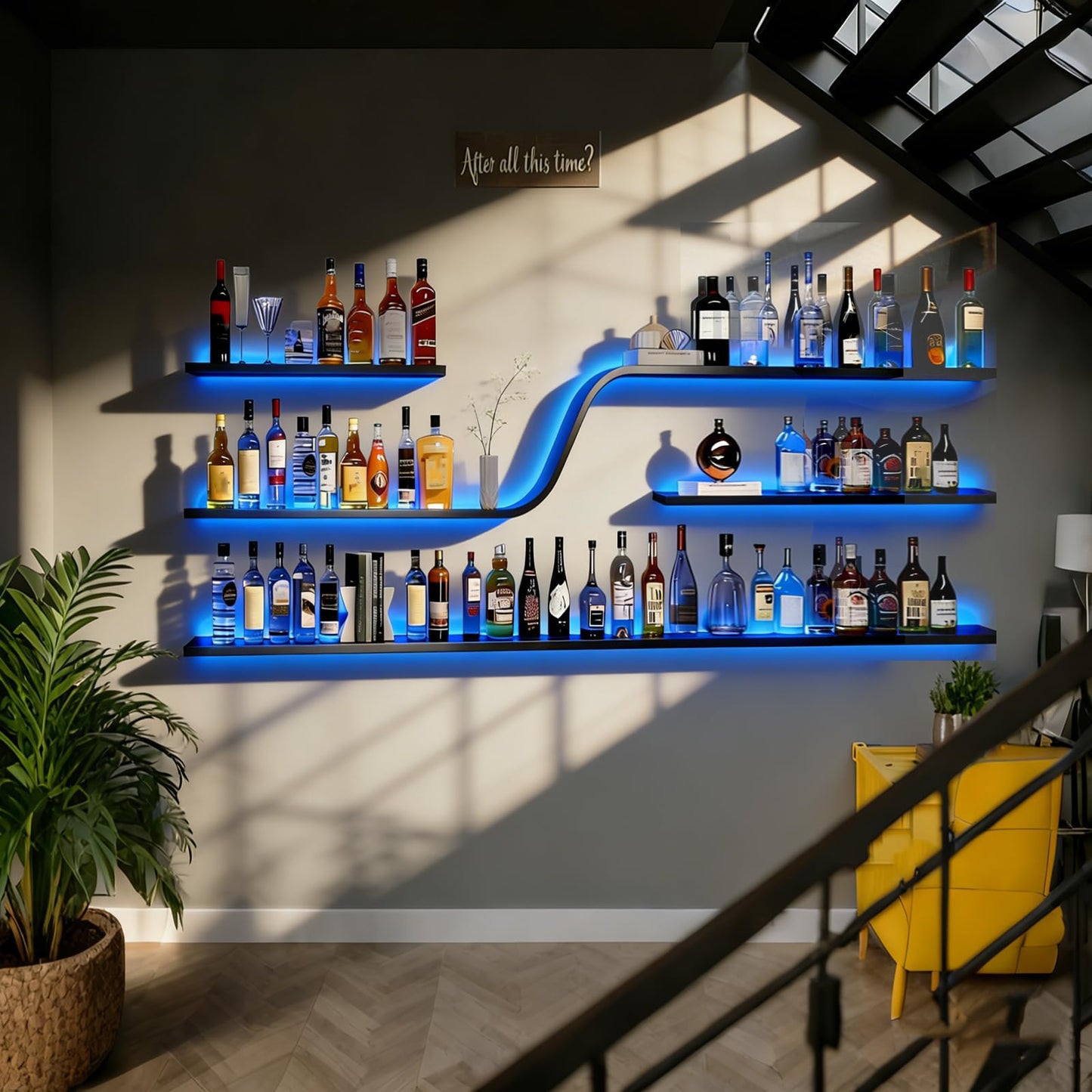 VITNSVILE 59IN Modern Wall Mounted Wine Rack with Blue LED Light