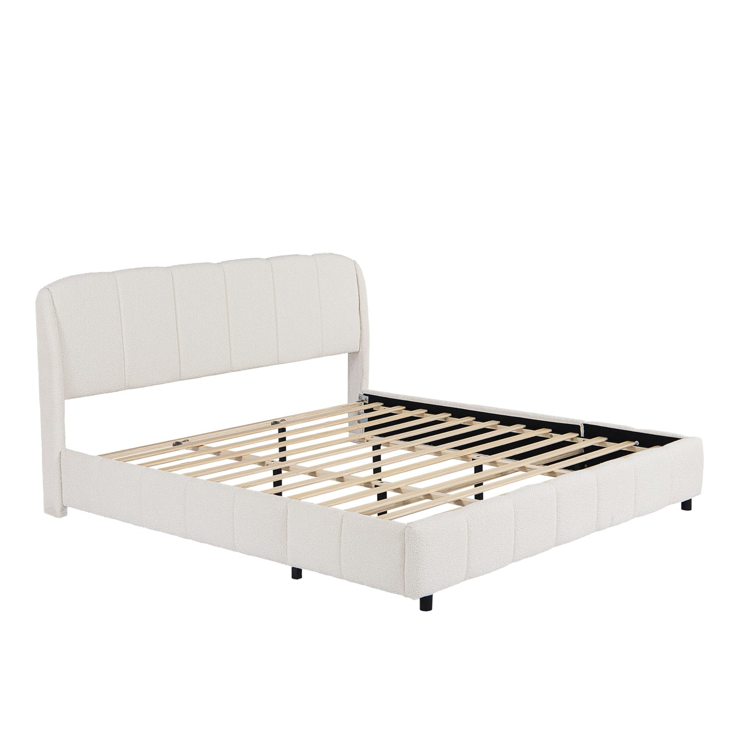 Merax King Size Boucle Upholstered Platform Bed Frame, Curve-Shaped Rounded Headboard, Box Spring Not Required, Soft Plush Fabric Bed for Master Bedroom, Guest Room, Beige