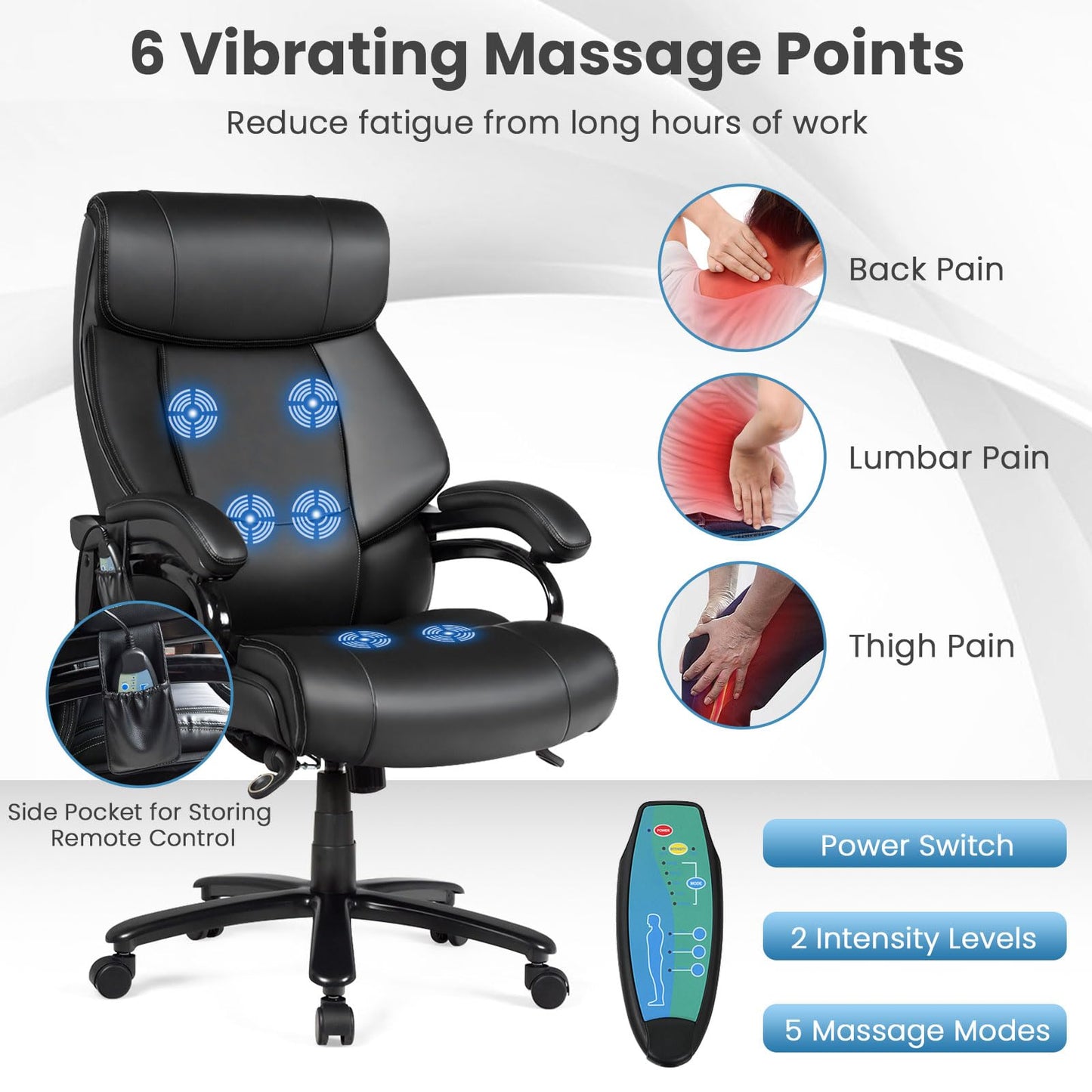 Giantex Big and Tall Office Chair 500lbs, Heavy Duty Executive Office Chair with 6 Massage Points, Extra Wide Seat, High Back Ergonomic Leather Reclining Swivel Computer Chair, Home Office Desk Chairs