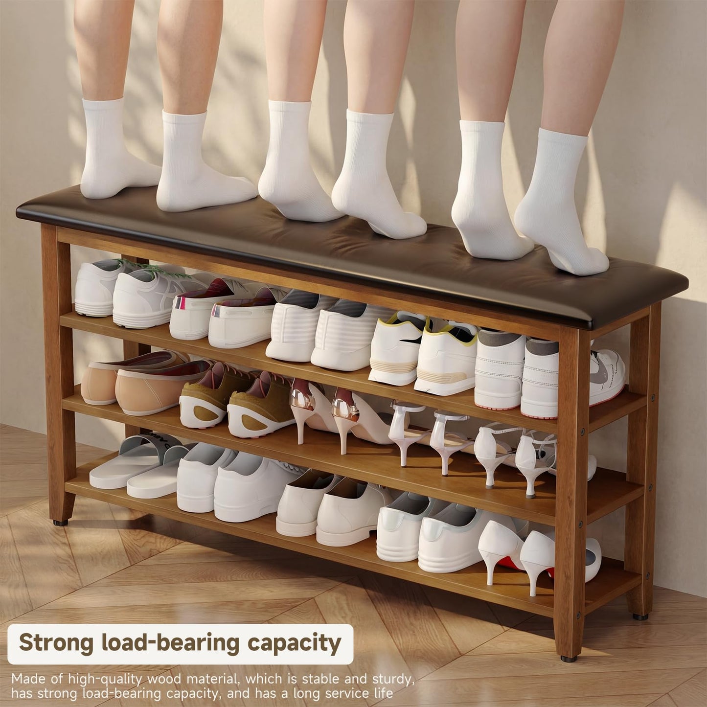 Vellzeyce Shoe Bench with Leather Cushion,Wood Bench with Shoe Rack,3-Tier Shoe Storage Organizer for Entryway,Hallway,Living Room (Brown, 3-Tier-47.3")