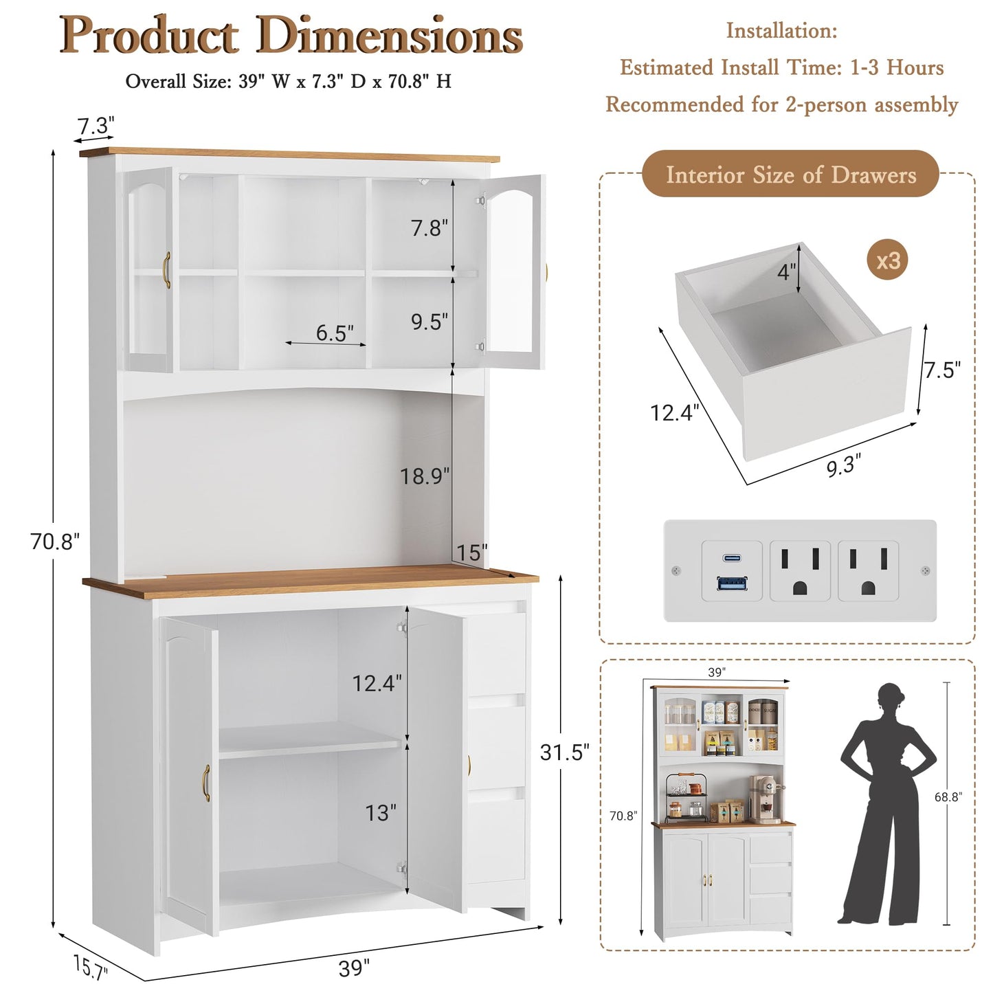 Garvee 71" Kitchen Pantry Cabinet with LED Lights & Charging Station, Farmhouse Kitchen Hutch Storage Cabinet with Countertop, 3 Drawers, 4 Doors, Adjustable Shelves for Dining Room, White