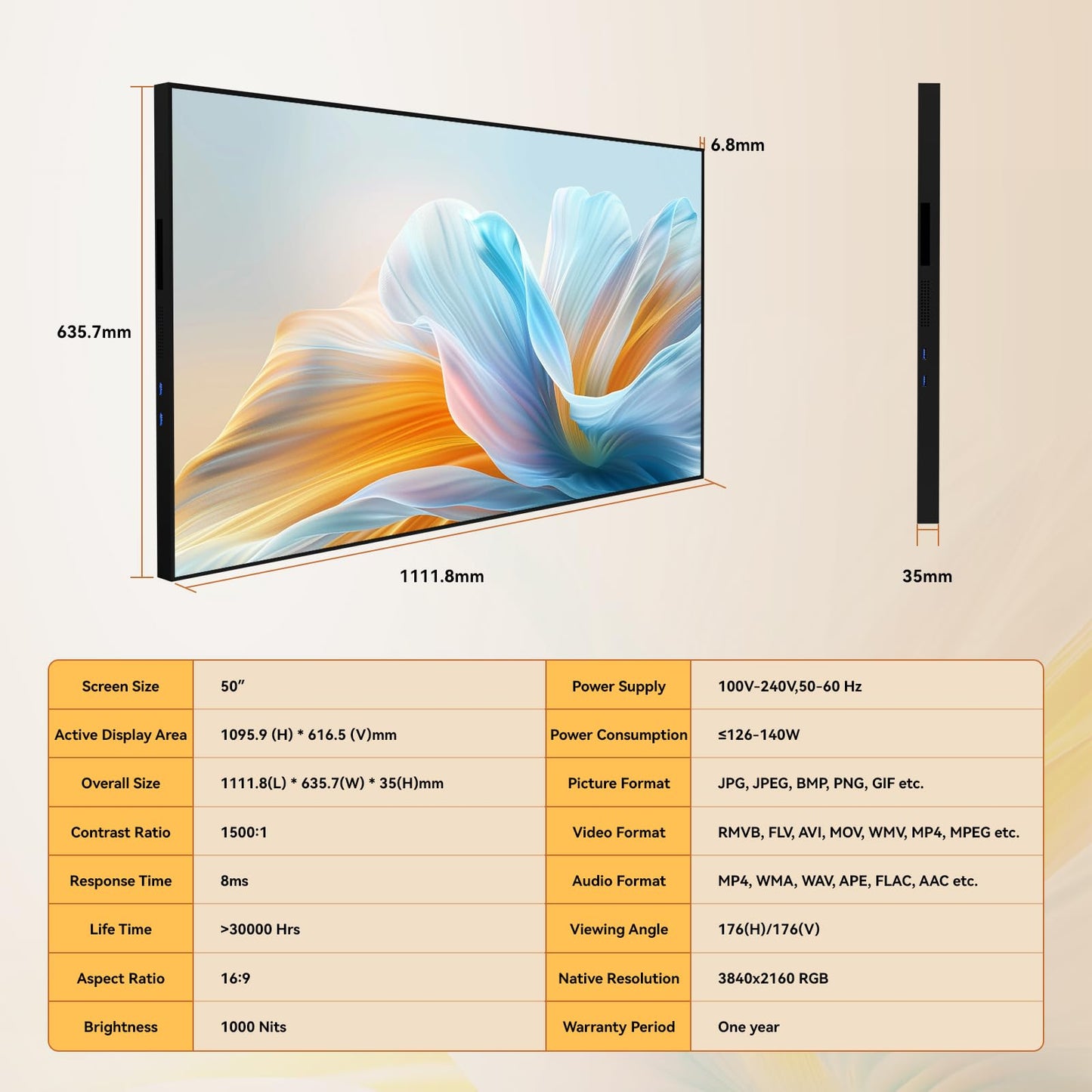 Canlarriz Digital Signage Display 50 inch Wall Mount Digital Menu Board for Restaurants and Stores Advertising Screen 1000 nits Ultra-High Brightness 4K UHD Free Web Content Editor Android 4GB + 32GB