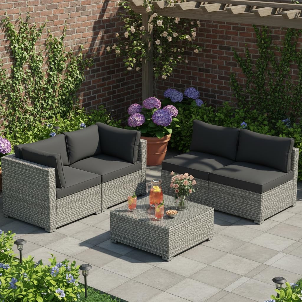 Tangkula 5-Piece Outdoor Patio Sectional Sofa Couch, PE Rattan Conversation Set w/Glass Coffee Table & Cushions, Outdoor Furniture Set w/Sturdy Metal Frame for Garden Poolside Backyard