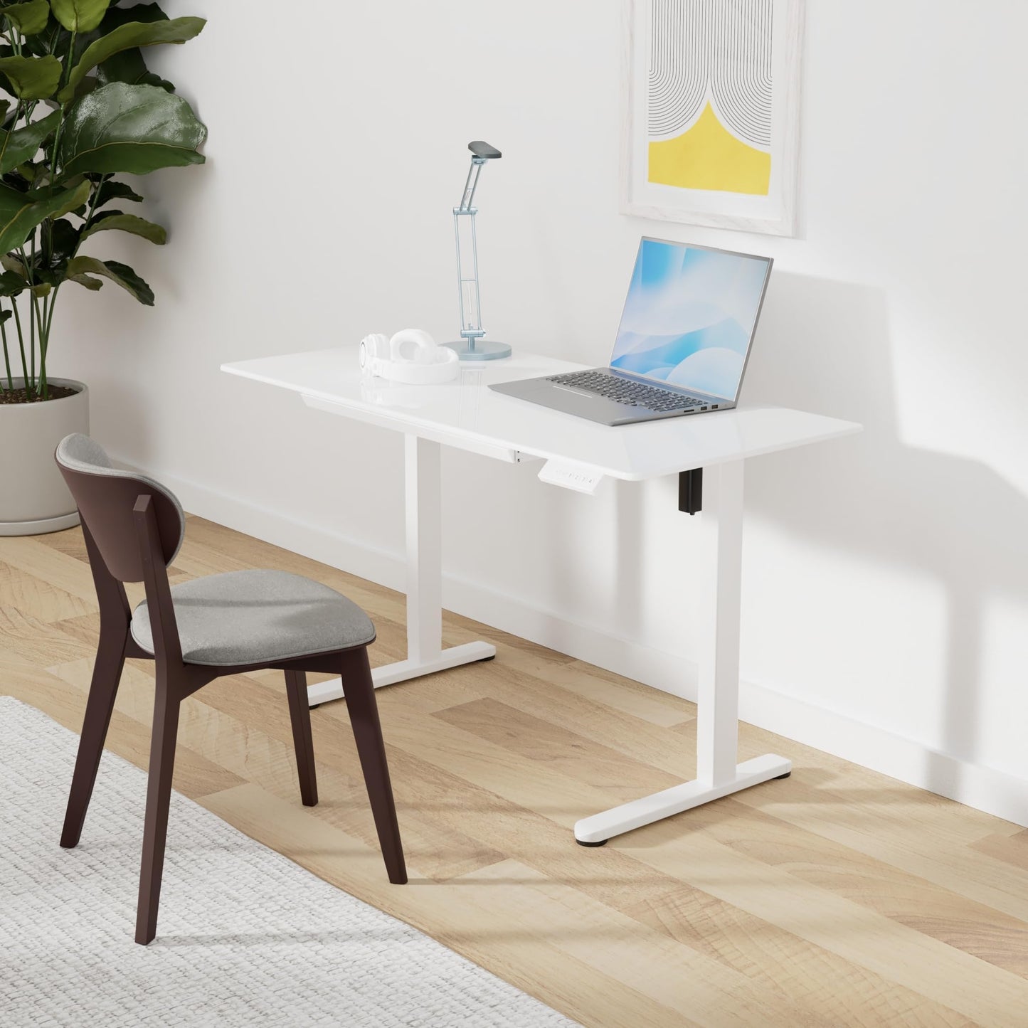 Marsail Glass Electric Standing Desk with Drawer, 40 x 24 Inches Height-Adjustable Desk, One-Piece Tempered Glass Top, Ergonomic Home Office Sit Stand Desk with 4 Preset Heights, White