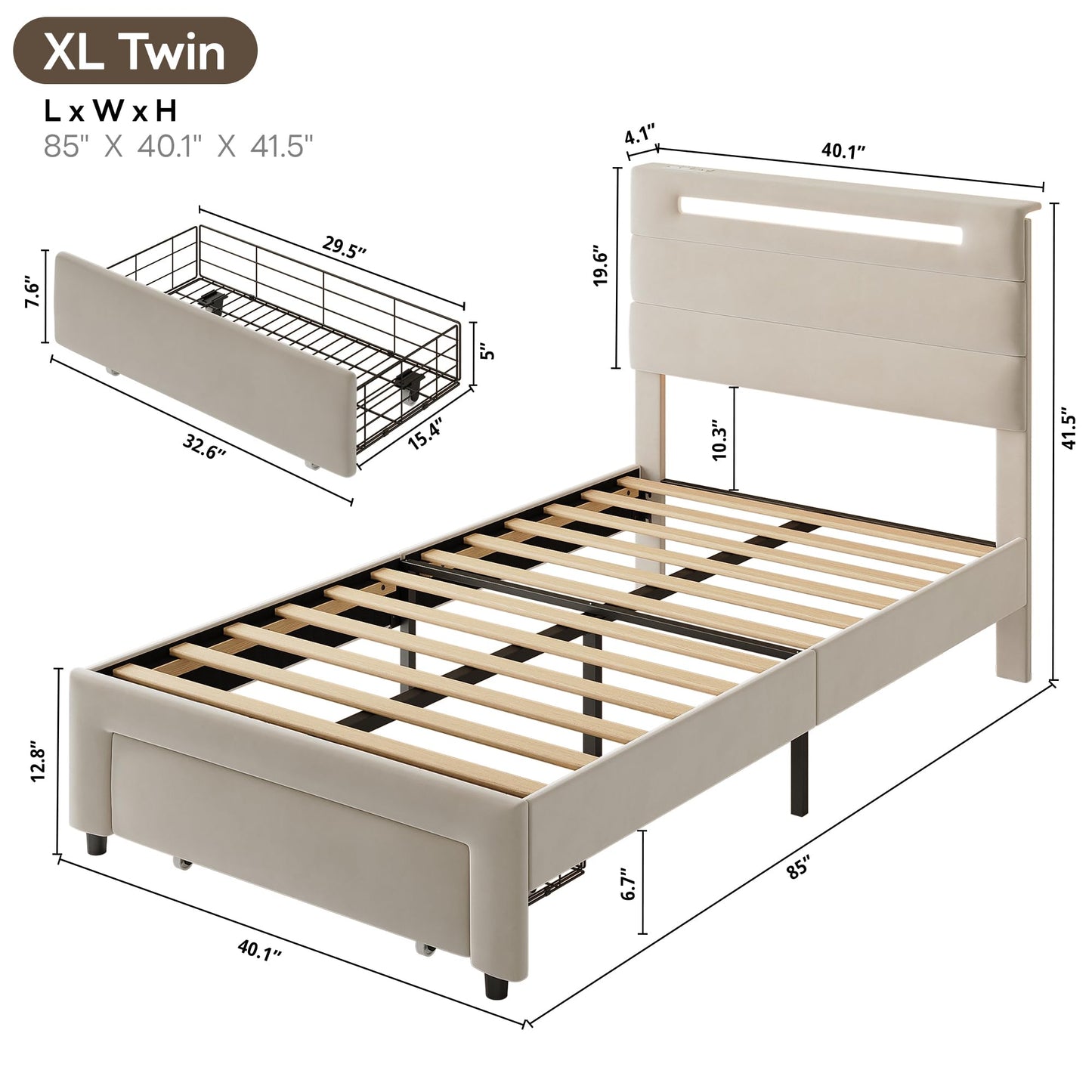 LIKIMIO Twin XL Bed Frames with Storage Drawer, LED Lights & Charging Station, Upholstered Modern Platform XL Twin Bed Frame with Headboard, No Box Spring Needed, Easy Assembly, Noise-Free, White