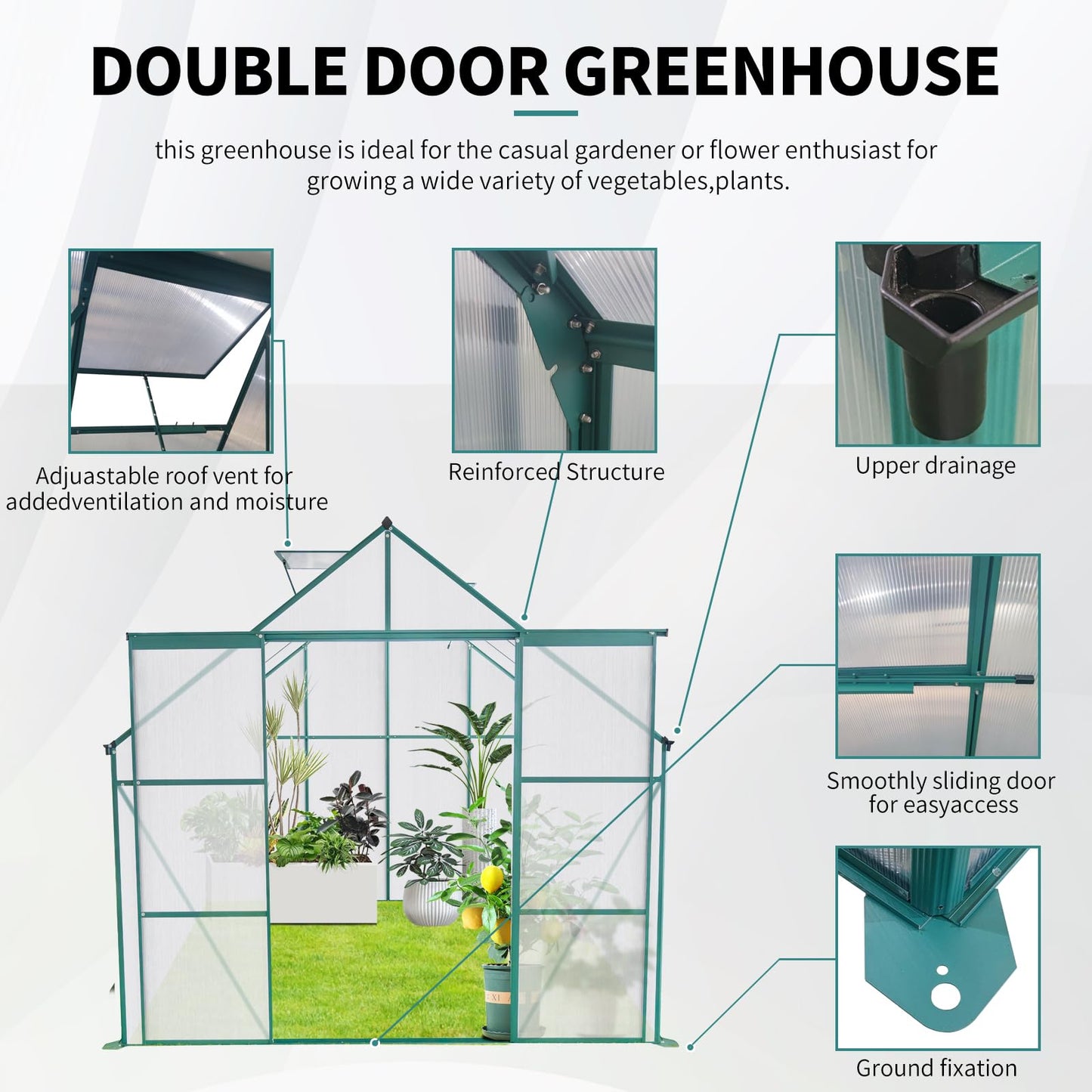 Ball & Cast 8X6 FT Greenhouse for Outdoors,Double Sliding Door Polycarbonate Raised Plant Base with Drainage System,Backyard Aluminum Heavy Duty Walk-in Green Houses w/ Adjustable Roof,Green