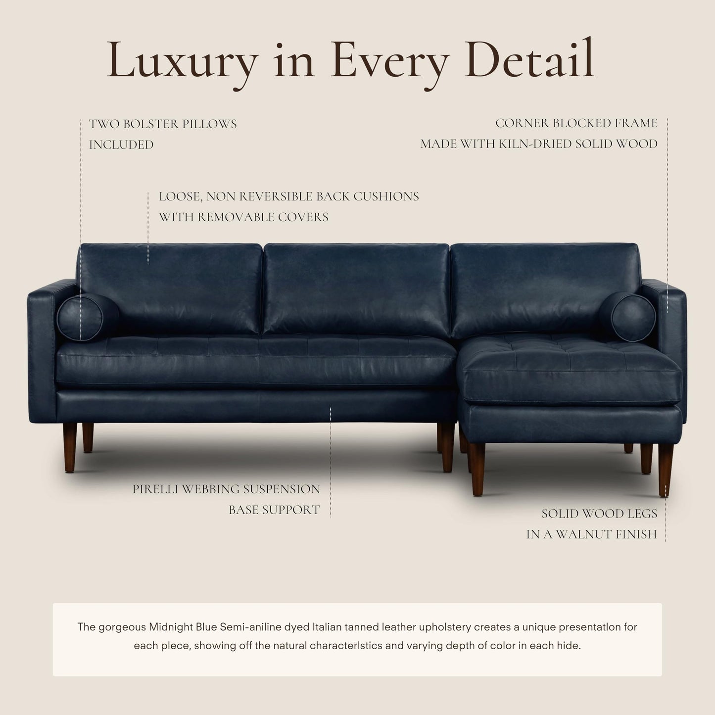 Poly & BARK Napa Right-Facing Sectional Sofa – 104.5” Italian Leather Sectional with Chaise – Midnight Blue – Full-Grain Pure-Aniline & Semi-Aniline Upholstery