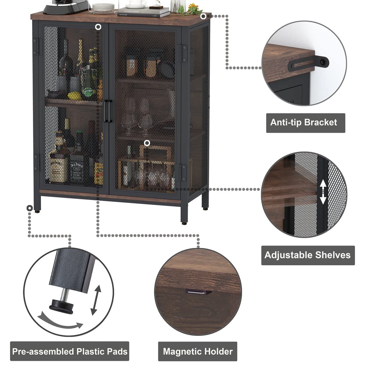 BON AUGURE Coffee Bar Cabinet for Liquor, Small Storage Cabinet for Home Kitchen, Farmhouse Sideboard Buffet Cabinets, Industrial Alcohol Cabinets for Dining Entryway Living Room (Rustic Oak)