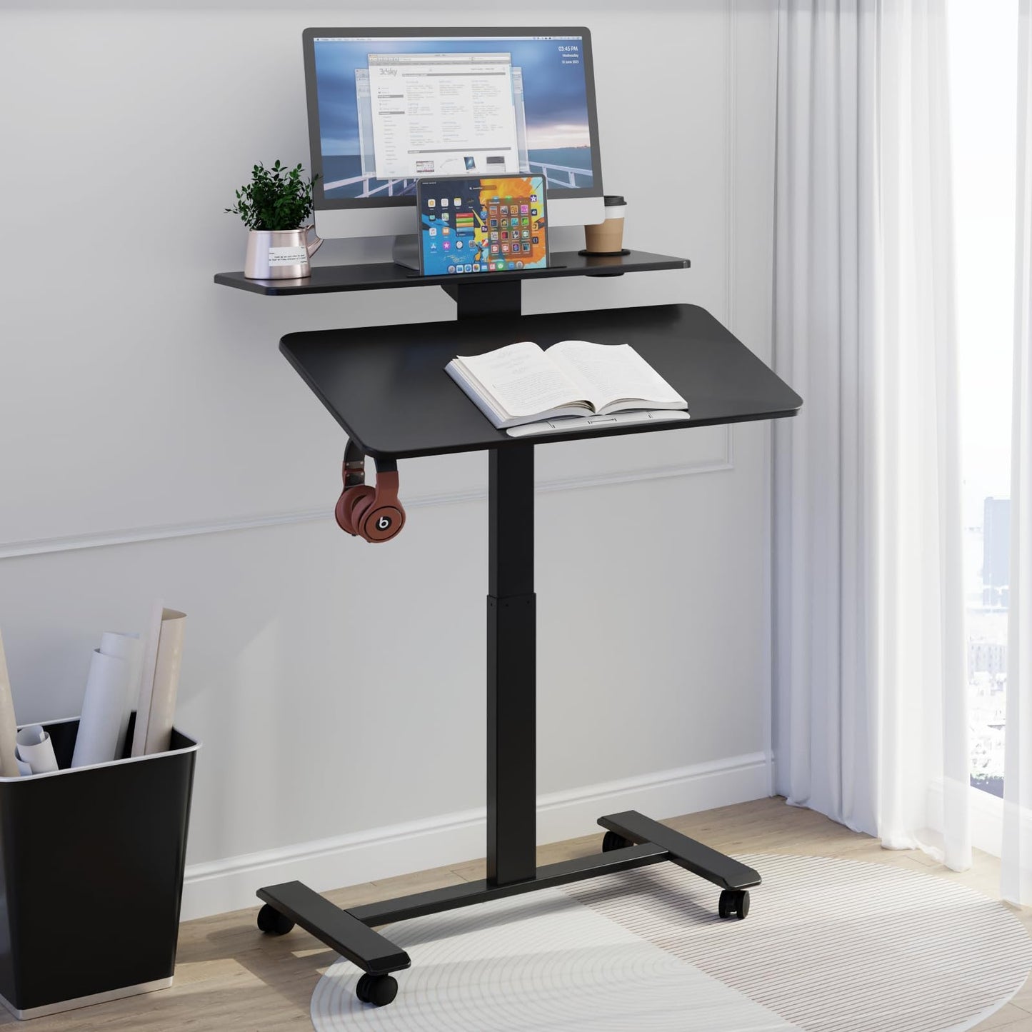 TecbL Pneumatic Standing Desk with Wheels - Adjustable Height 28" - 46" & 0-90° Tilt, 31.5" x 17.7" Skin-Feel Desktop, Rolling Computer Desk for Home Office, Hospital, School (Black)
