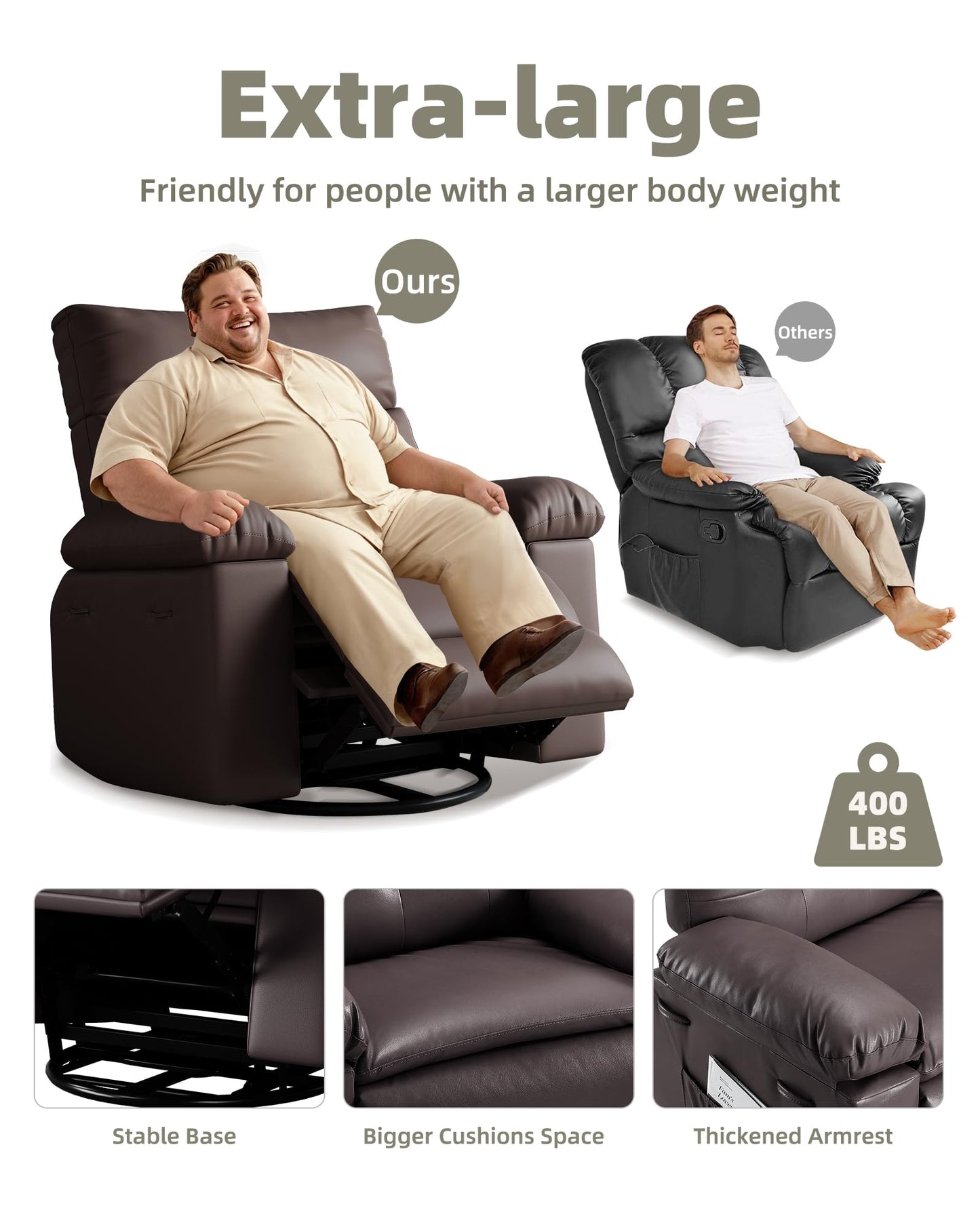 Garvee Oversized Swivel Rocker Recliner Chair - Heat and Massage, Leather Manual Recliner for Adults, Lazy Chair with Comfort Arms and Back Single Sofa for Living Room