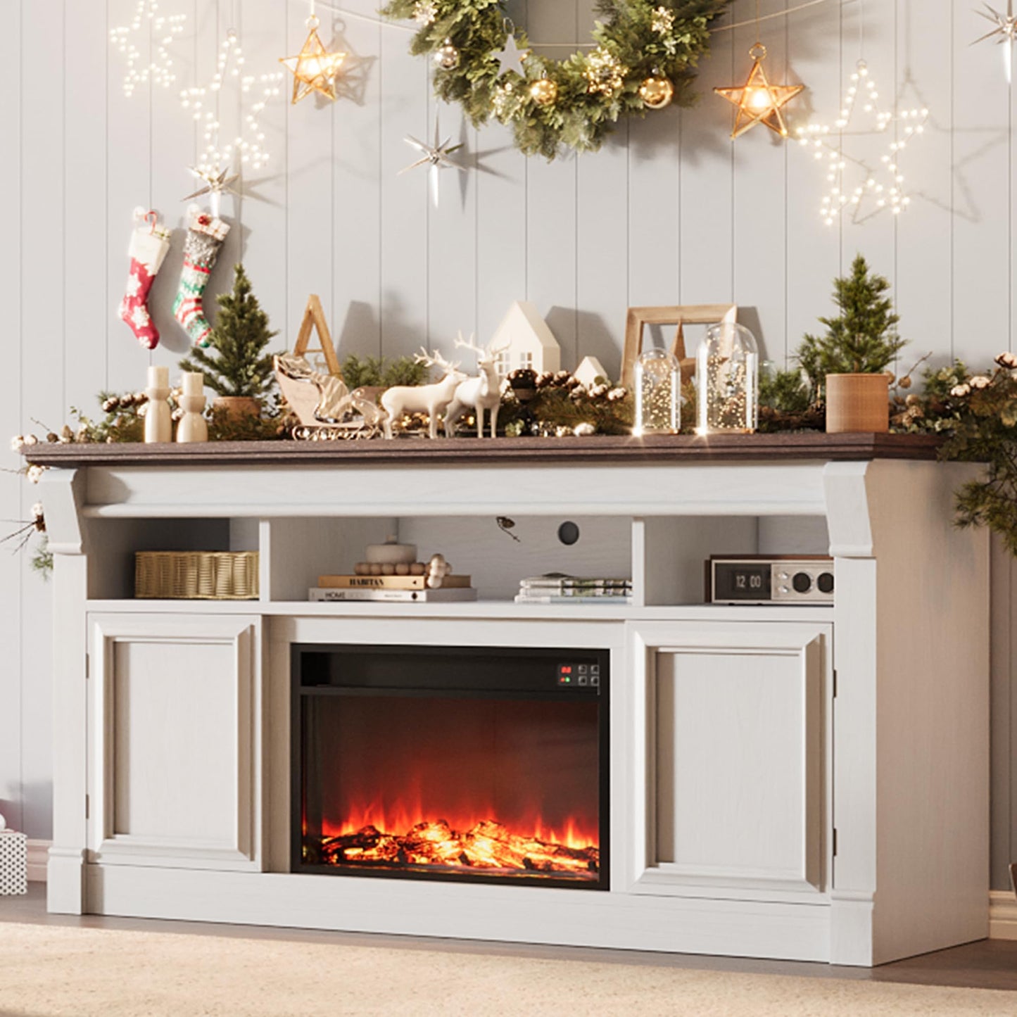 IDEALHOUSE 58 Inch Fireplace TV Stand,Wooden Entertainment Center with 30 Inch Fireplace, Farmhouse Media Console with Storage Cabinets for Living Room, White&Brown