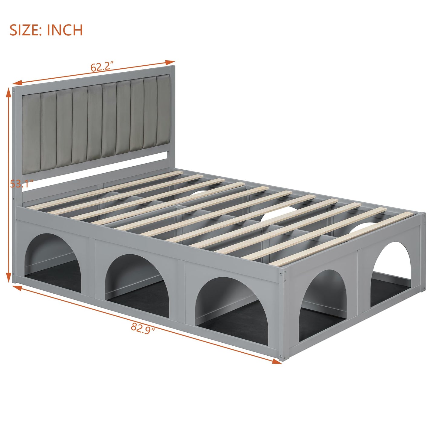 Merax Queen Platform Bed – Heavy Duty Metal Bed Frame with Pet-Friendly Under-Bed Nook, Space-Saving Storage, Upholstered Headboard, Wood Slats Support & Elevated Modern Design, Light Grey