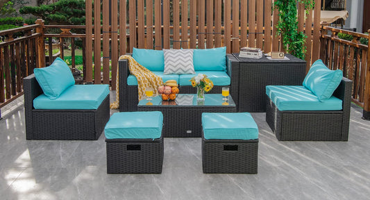 Tangkula 8 Pieces Patio Furniture Set with Waterproof Cover, Patiojoy Space Saving Outdoor PE Rattan Set with Storage Box, Tempered Glass Table, 2 Ottomans, 2 Armless Sofas & Corner Sofas