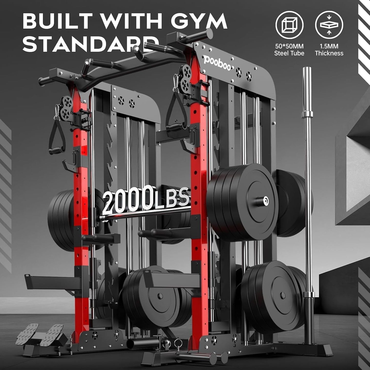 pooboo Multi-Functional Machine Power Cage, 2000LB Squat Rack, LAT-Pull Down System, Dual Pulley Cable Crossover System, Home Gym Workout Machine with Strength Training Attachments (P43 Pro)