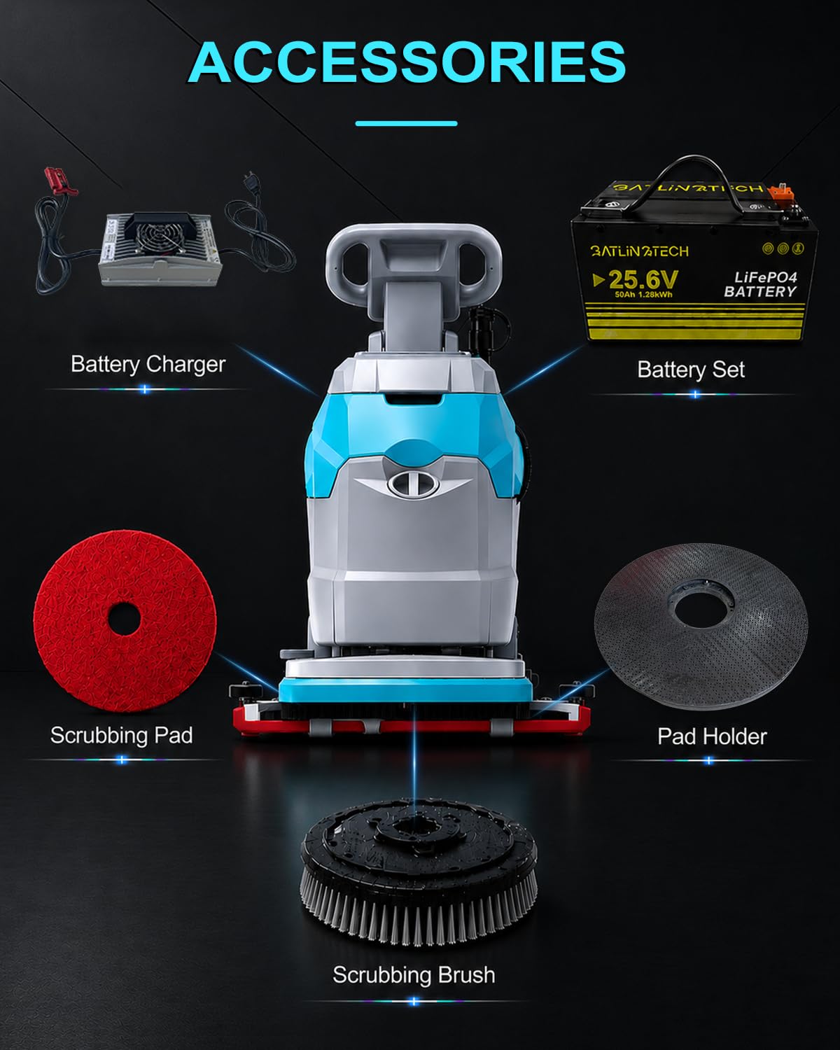 ARBRIX 20" Brush Walk Behind Floor Scrubber Machine, 31.5" Squeegee, 12 Gallon Recovery Tank, Cordless Commercial Floor Cleaning Machine with 24V/65Ah Li-ion Battery, 23,140 sq.ft/h Efficiency