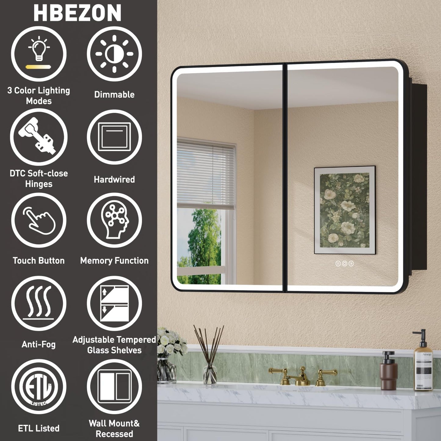 HBEZON 36 x 30 Inch Recessed Medicine Cabinet Mirror with Lights, Wall Mounted LED Bathroom Mirror Cabinet, Dimmable, Anti-Fog, Memory Function, 3 Color Modes, Adjustable Shelf, ETL Certified, Black