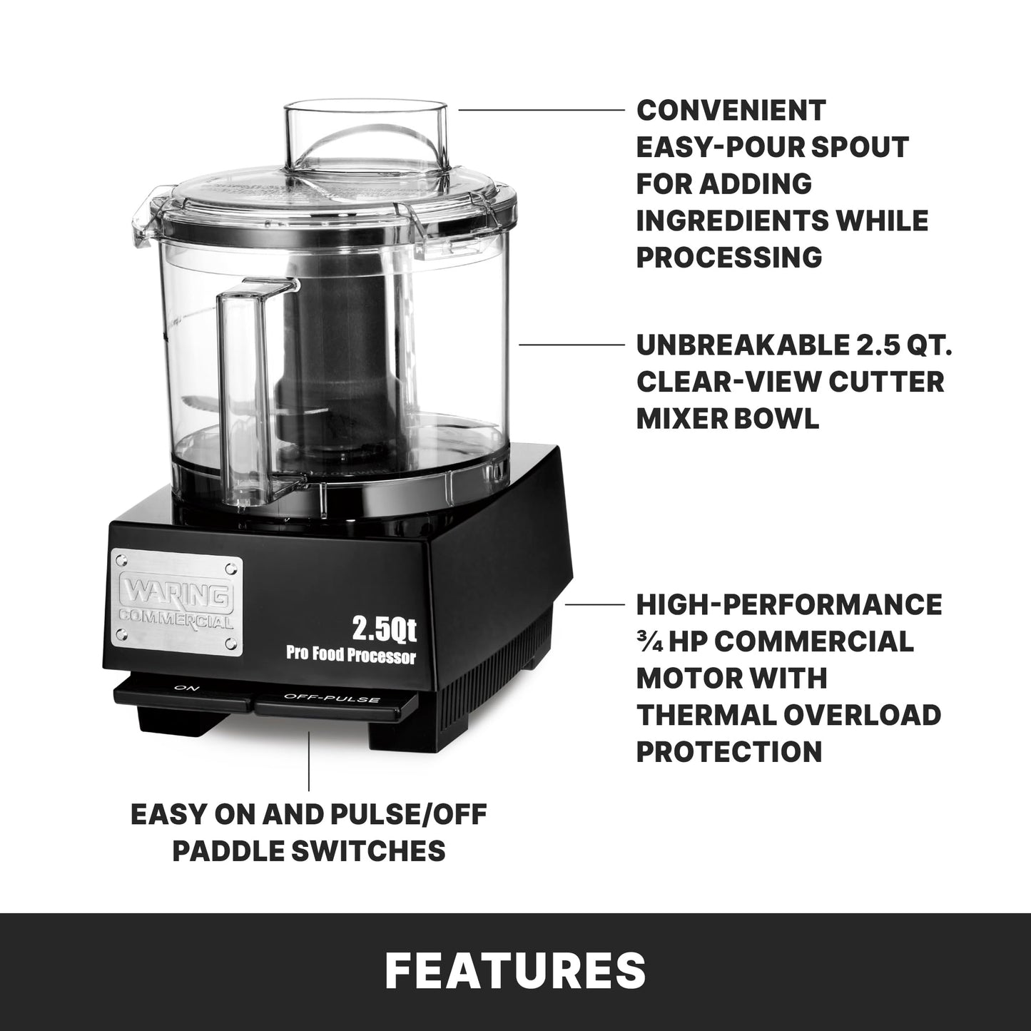 Waring Commercial Food Processor, 2.5 Quart Capacity with Flat Lid, 3/4 Horsepower Motor, Vegetable Chopper for Professional Kitchens, WFP11SW