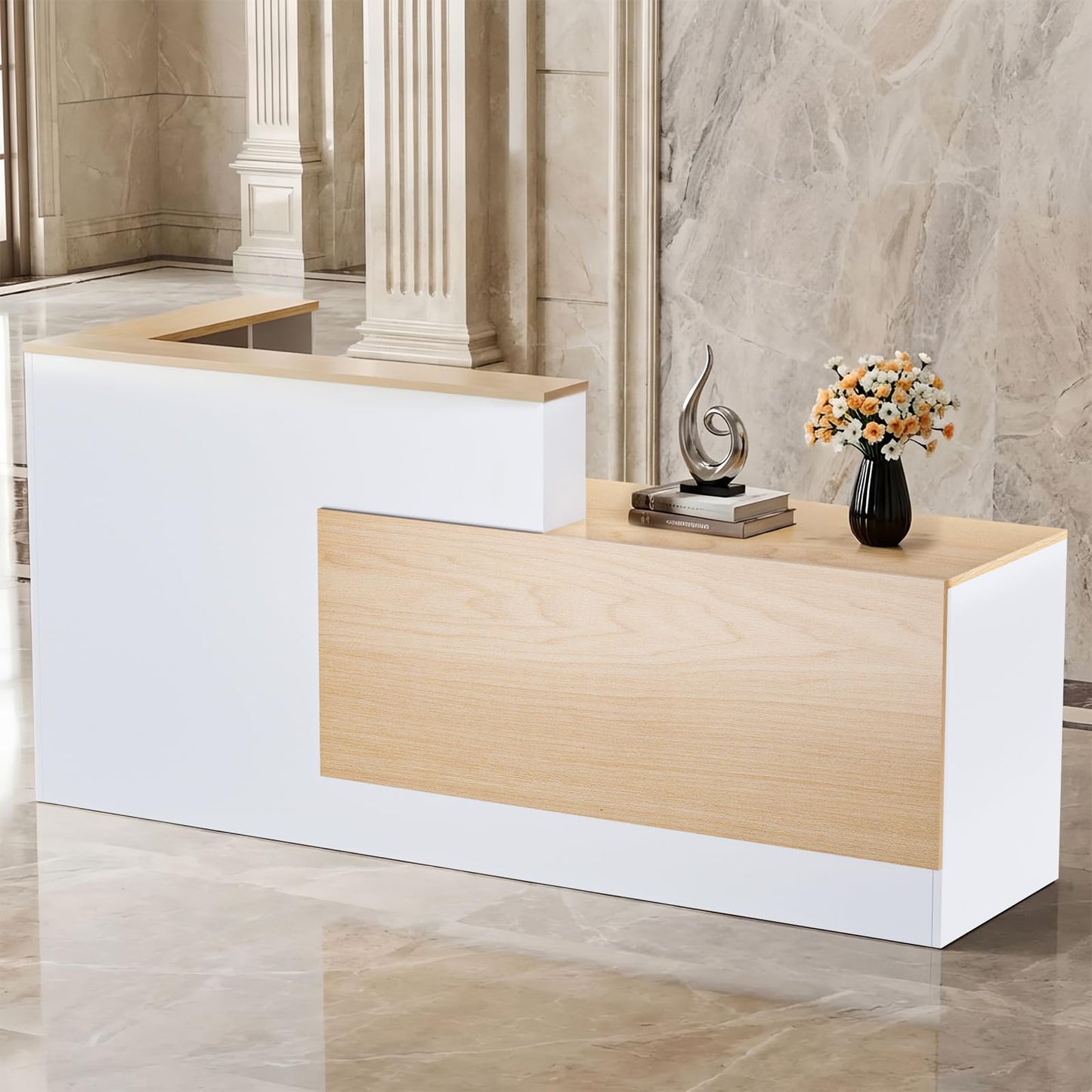 kaiwrxin L-Shaped Modern Reception Desk with Counter & Storage - 71" Large Office Front Desk, Salon Checkout Counter with Lockable Cabinets, Shelves (Oak & White, Right - 71''L x 34''W x 41''H)