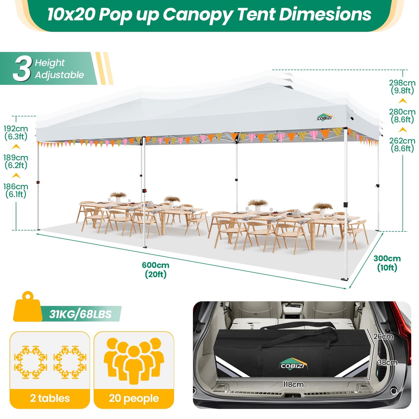 COBIZI Canopy 10x20 Pop Up Canopy Tent with 6 Sidewalls, One Push Party Tents for Parties Outdoor Wedding Waterproof Gazebo Commercial Event Tent with Sandbags, Swan White
