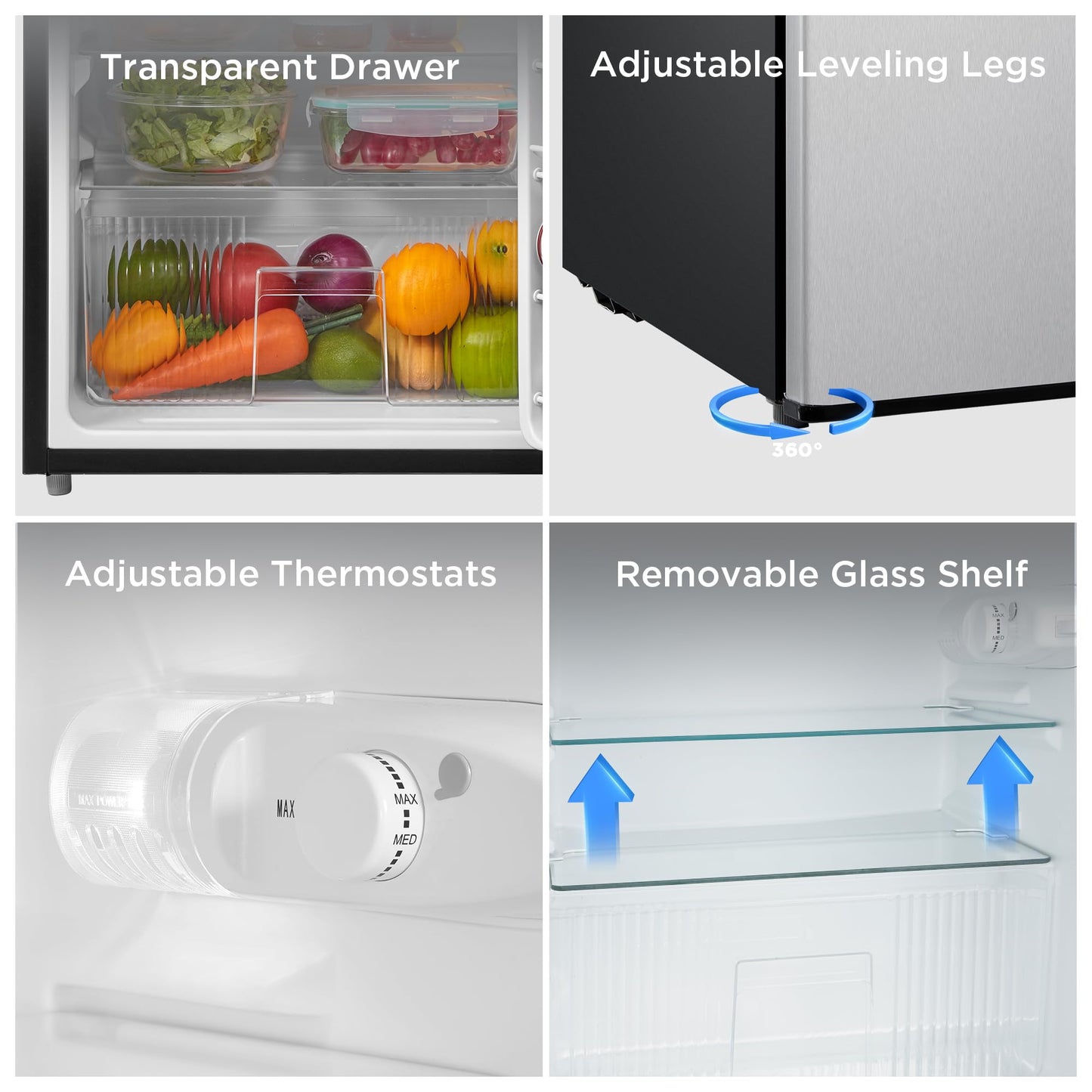 Midea WHD-113FSS1 Double Door Mini Fridge with Freezer for Bedroom Office or Dorm with Adjustable Remove Glass Shelves Compact Refrigerator, 3.1 cu ft, Stainless Steel
