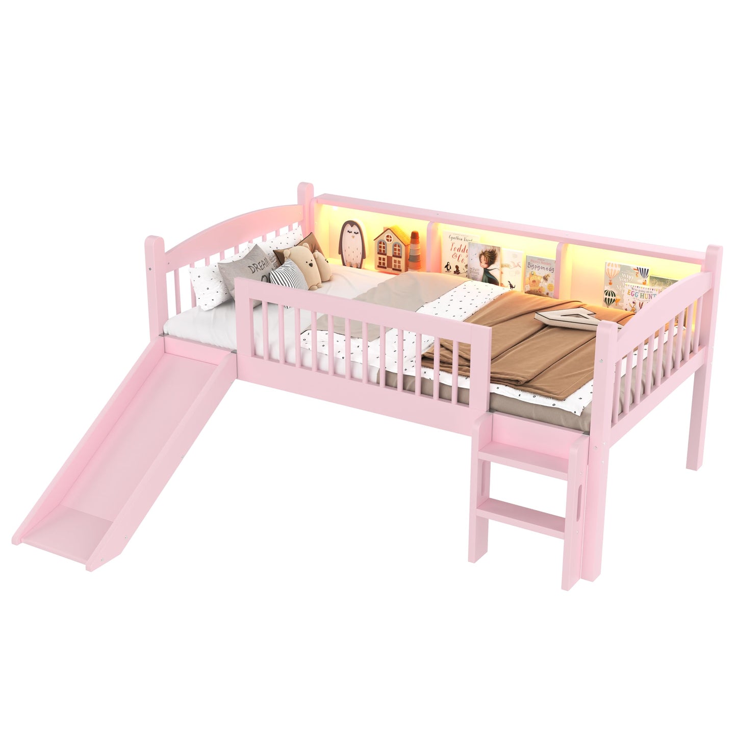 Bellemave Twin XL Loft Bed with Slide and Ladders, Solid Wood Low Loft Bed with Storage Shelves and LED Lights, Loftbed Frame for Kids, Boys, Girls, Childlike and No Box Spring Needed Design, Pink