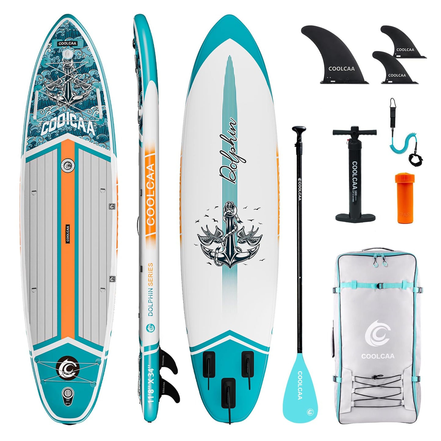 COOLCAA Dolphin Lite 11'8" Inflatable Stand-Up Paddle Board, 490Lbs Capacity SUP Board with 34'' Extra Wide, Fishing Paddleboard with Accessories & Bag for Adults Youth (Anchor Wing)