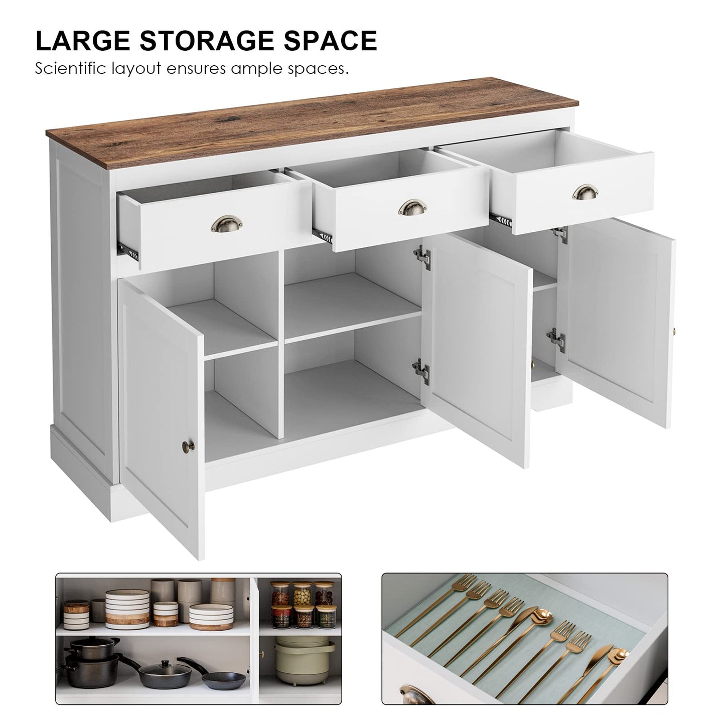 Keyluv White Buffet Cabinet Storage Sideboard Farmhouse Server Bar Wine Cabinet with 3 Drawers & 3 Doors Adjustable Shelves Console Table for Dining Living Room Kitchen Cupboard