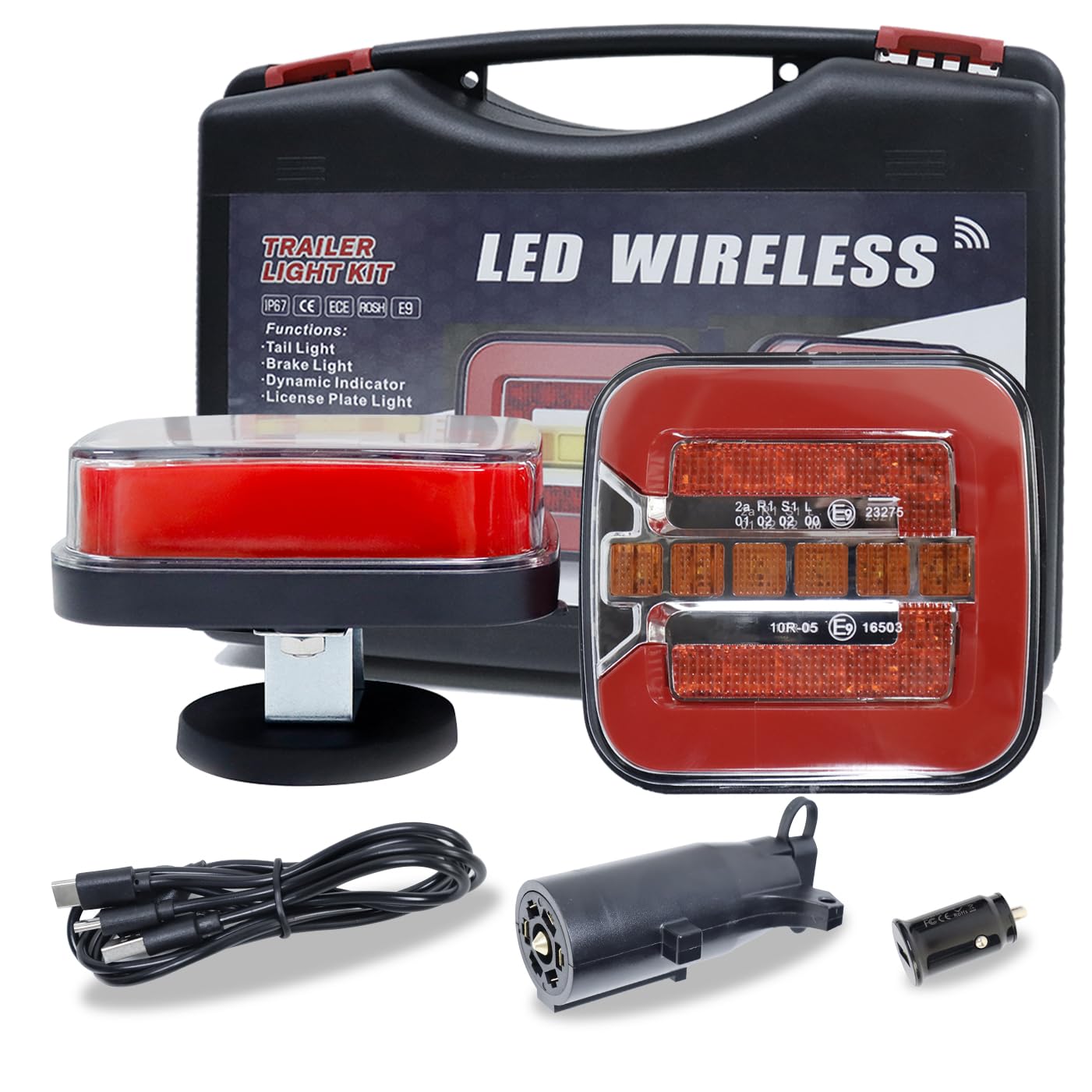 yuksood Wireless Trailer Light Kit - Magnetic, Rechargeable, Waterproof IP67 for Trucks, RVs, Boats - Red, Model zy-5023B