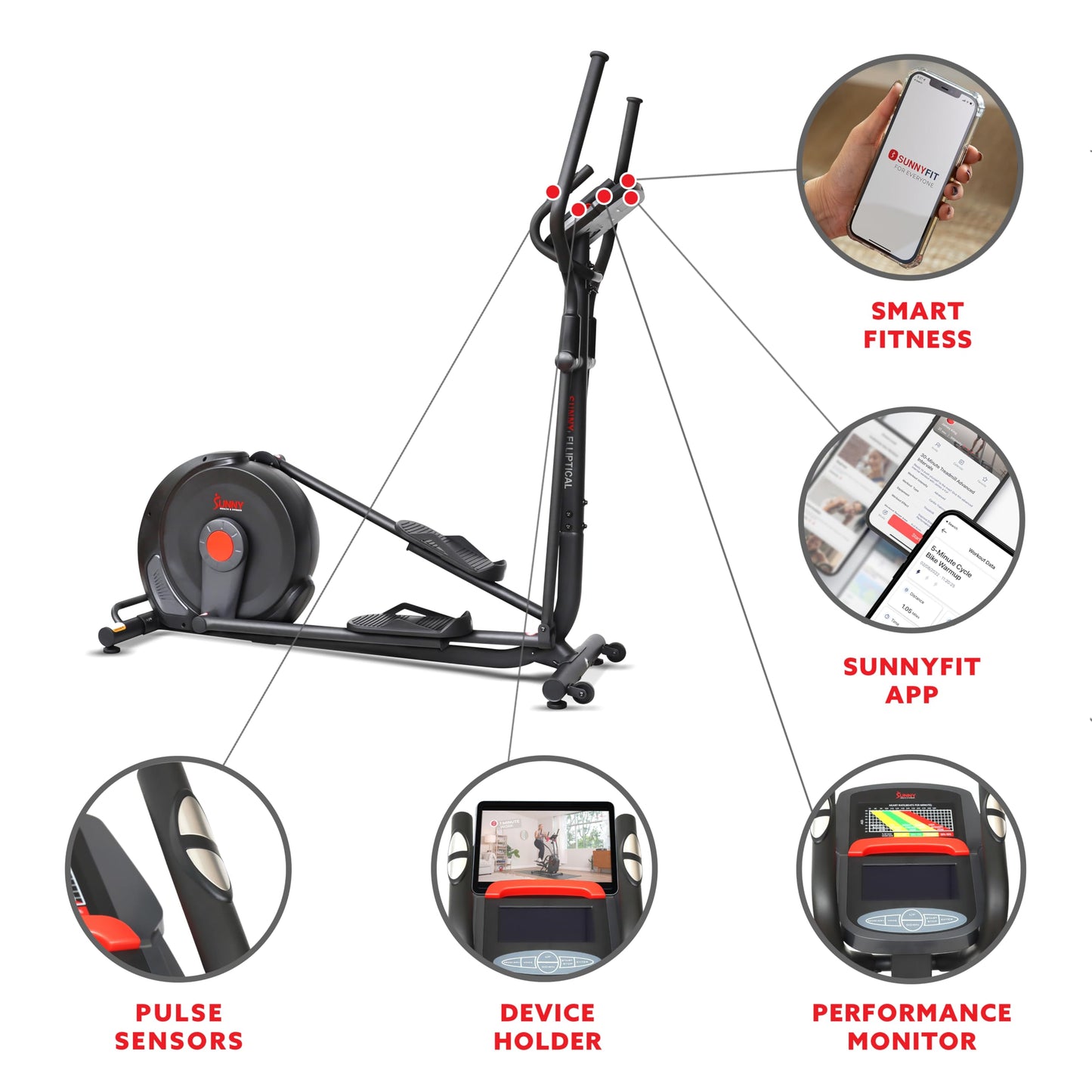 Sunny Health & Fitness Power Stride SMART Elliptical Trainer with 16-Level Electromagnetic Resistance, High-Inertia Flywheel and Exclusive SunnyFit® App Enhanced Bluetooth Connectivity - SF-E321006