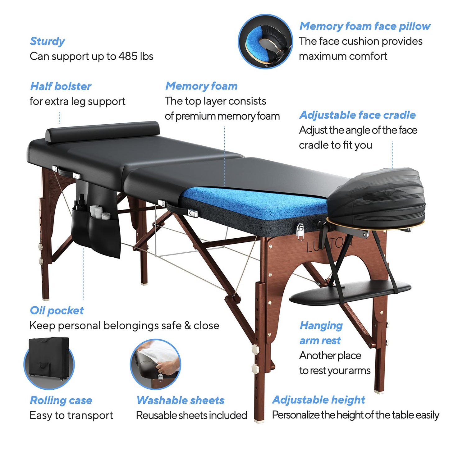 Luxton Home Premium Memory Foam Massage Table - Rolling Travel Case, Washable Sheets, Thicker & Wider