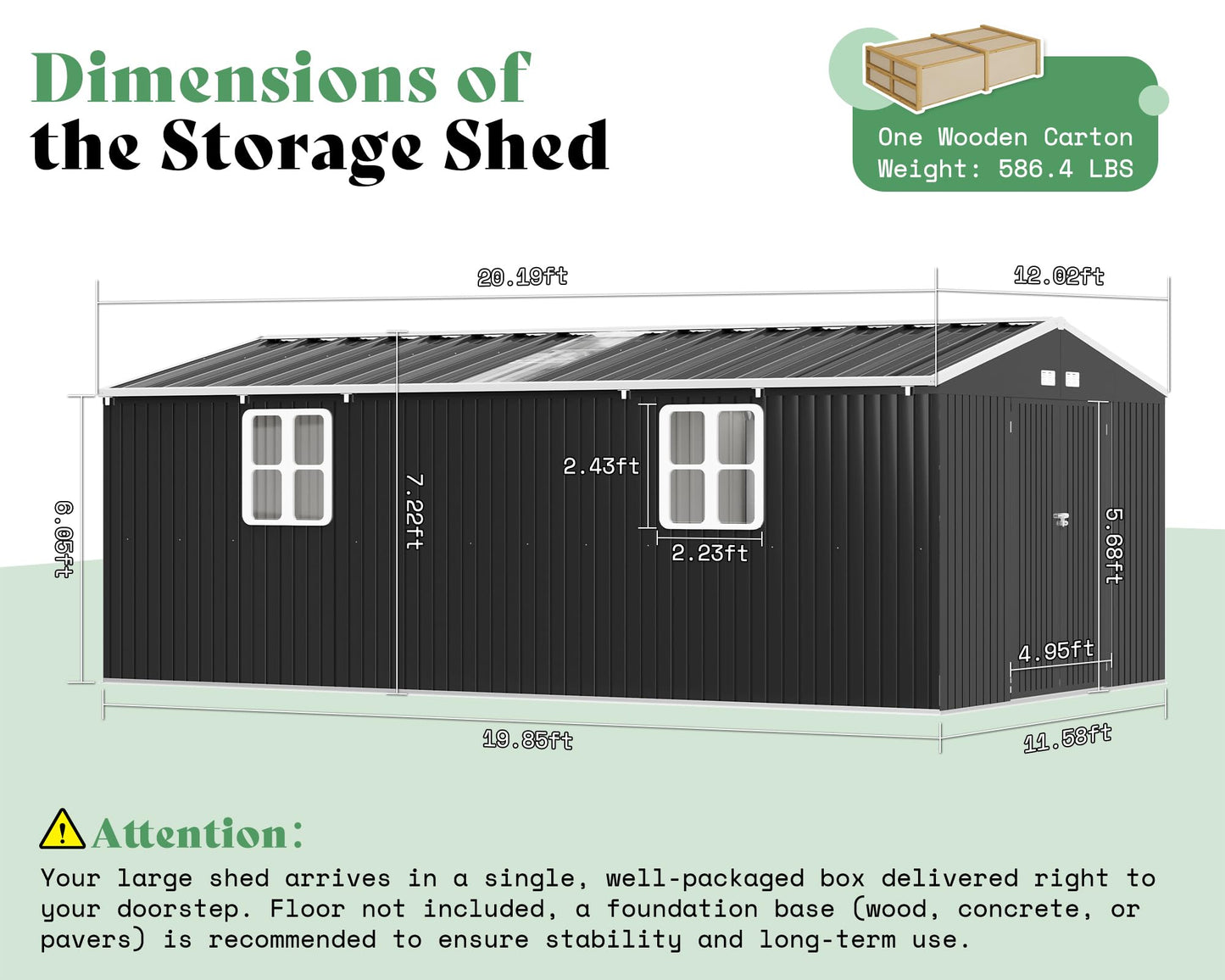 VanAcc 12x20x7.2 FT Outdoor Storage Shed with 2 Transparent Panels, Metal Garden Shed with Hinged Double Doors, Windows & Vents, Reinforced Steel Frame for Backyard Garden, DIY Workshop, Dark Gray