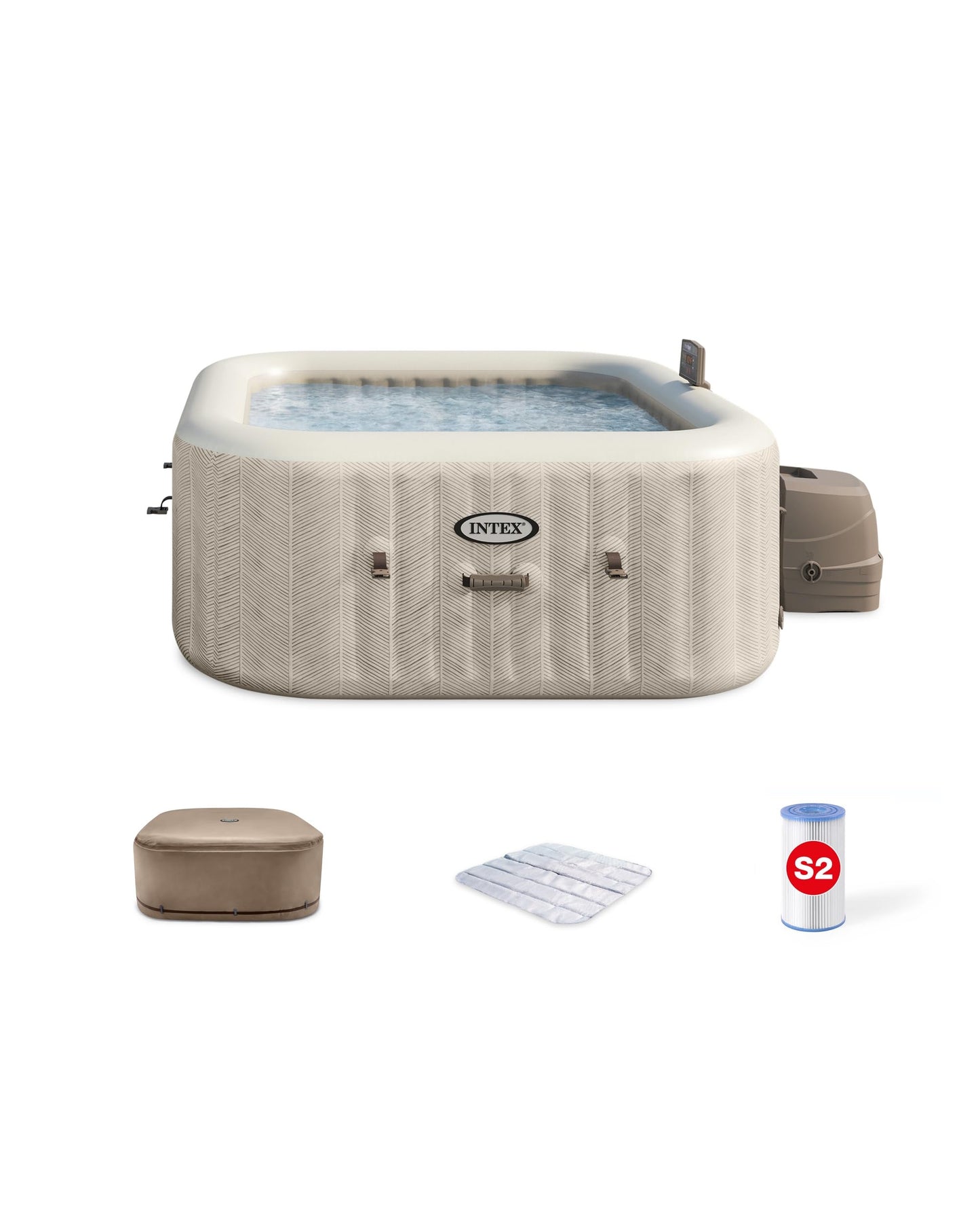 INTEX 28445EH 4 Person PureSpa Chevron Deluxe Outdoor Inflatable Portable Hot Tub, Includes Energy Efficient Spa Cover, Spa Control App, Saltwater System Ready, 69" x 69" x 28"