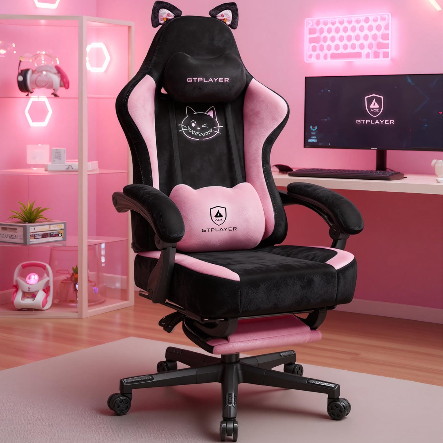 GTPLAYER Pink Gaming Chair Cute with Cat Ears Ergonomic Computer Chair with Cat Embroidery Adjustable Memory Foam Lumbar Support and Headrest Comfortable Reclining Office Chair Soft Velvet Fabric