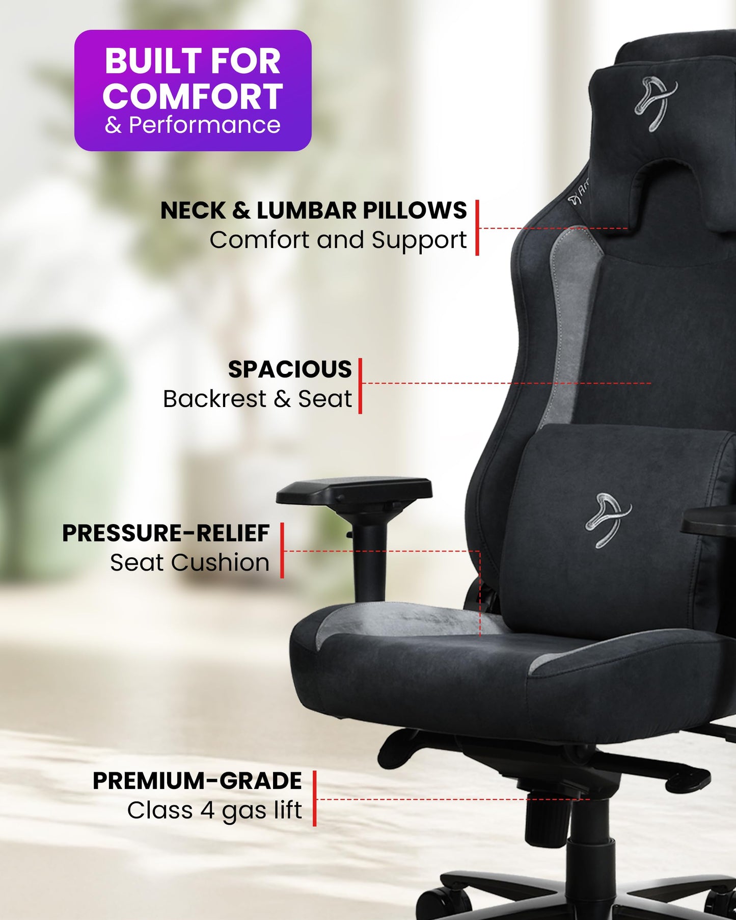 Arozzi Vernazza Supersoft Upholstery Material has a Unique Velvety Texture that is Fluid-Repellant and Breathable with Memory Foam Lumbar Support and 4D Armrest for Office and Gaming Chair - Black