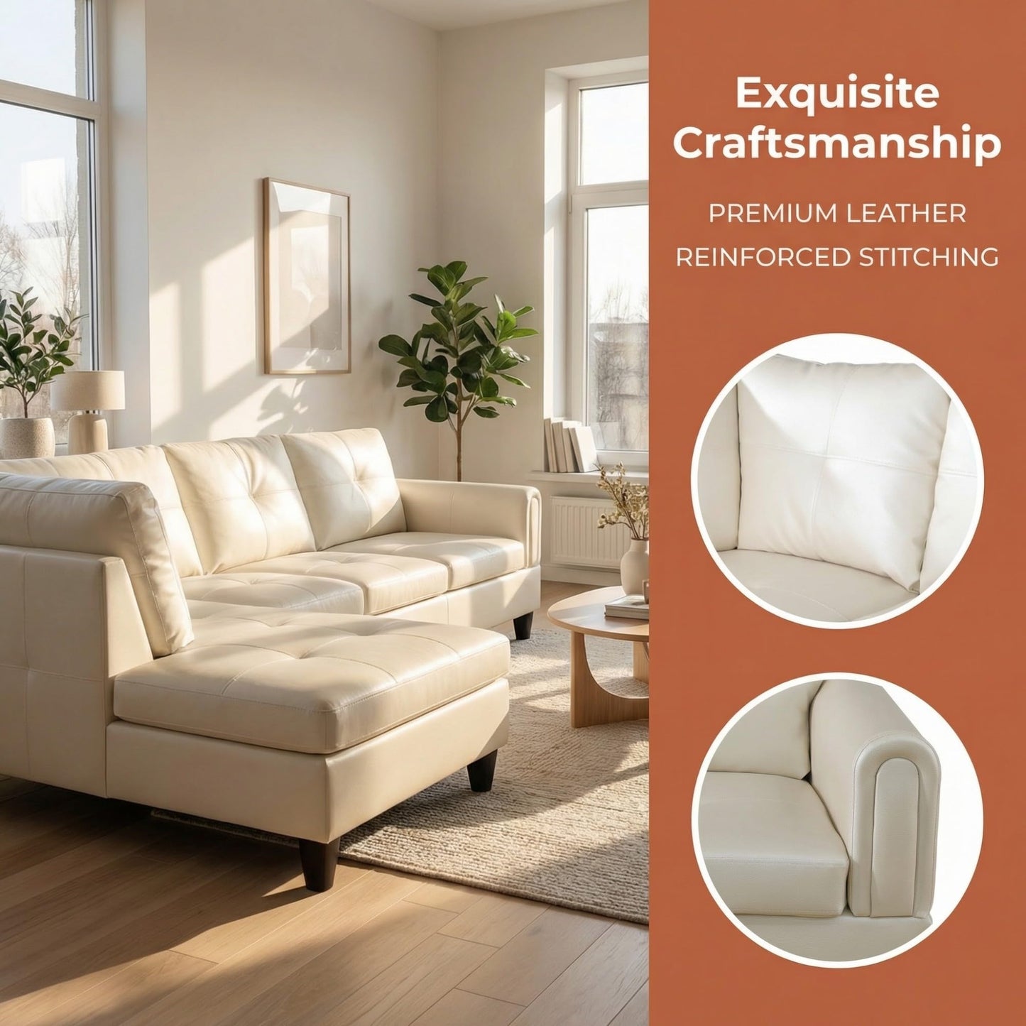 NicBex Leather Couches for Living Room, 2-Piece 97" L-Shaped Sectional Couch with Movable Chaise, Modern Sofa Living Room Set for Apartment, Office & Bedroom, Pearl White