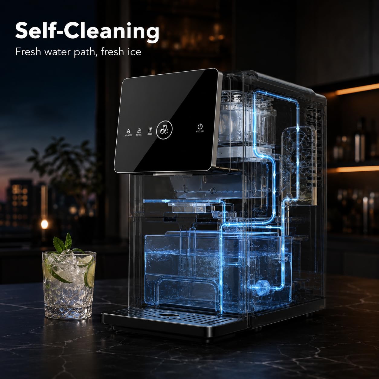 Kismile Nugget Ice Maker Countertop, 33LBS/24H Ice Machine with Soft Chewable Ice, One-Click, Self-Cleaning Function, Stainless Steel Ice Maker with Indicator Lights for Home/Kitchen(Black)