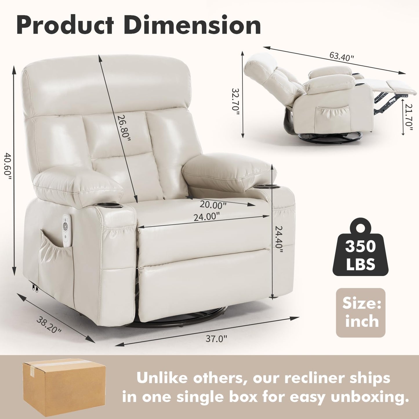 Comermax Rocking Recliner with Heat and Massage, Wide Seat Heated Massaging Reclining Chair for Home Theater, Faux Leather Manual Swivel Rocker Recliner Chair with Cup Holder for Adult, Beige