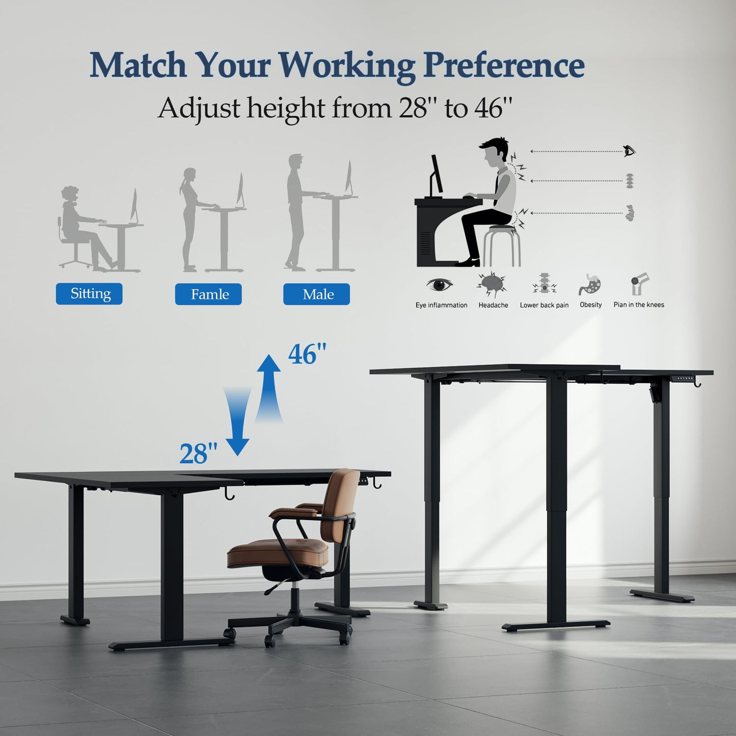 Klicelor L Shaped Standing Desk 63 x 55 Inch, Electric Height Adjustable Corner Desk for Home Office Workstation, Ergonomic Sit Stand Computer Table with Memory Controller, Black