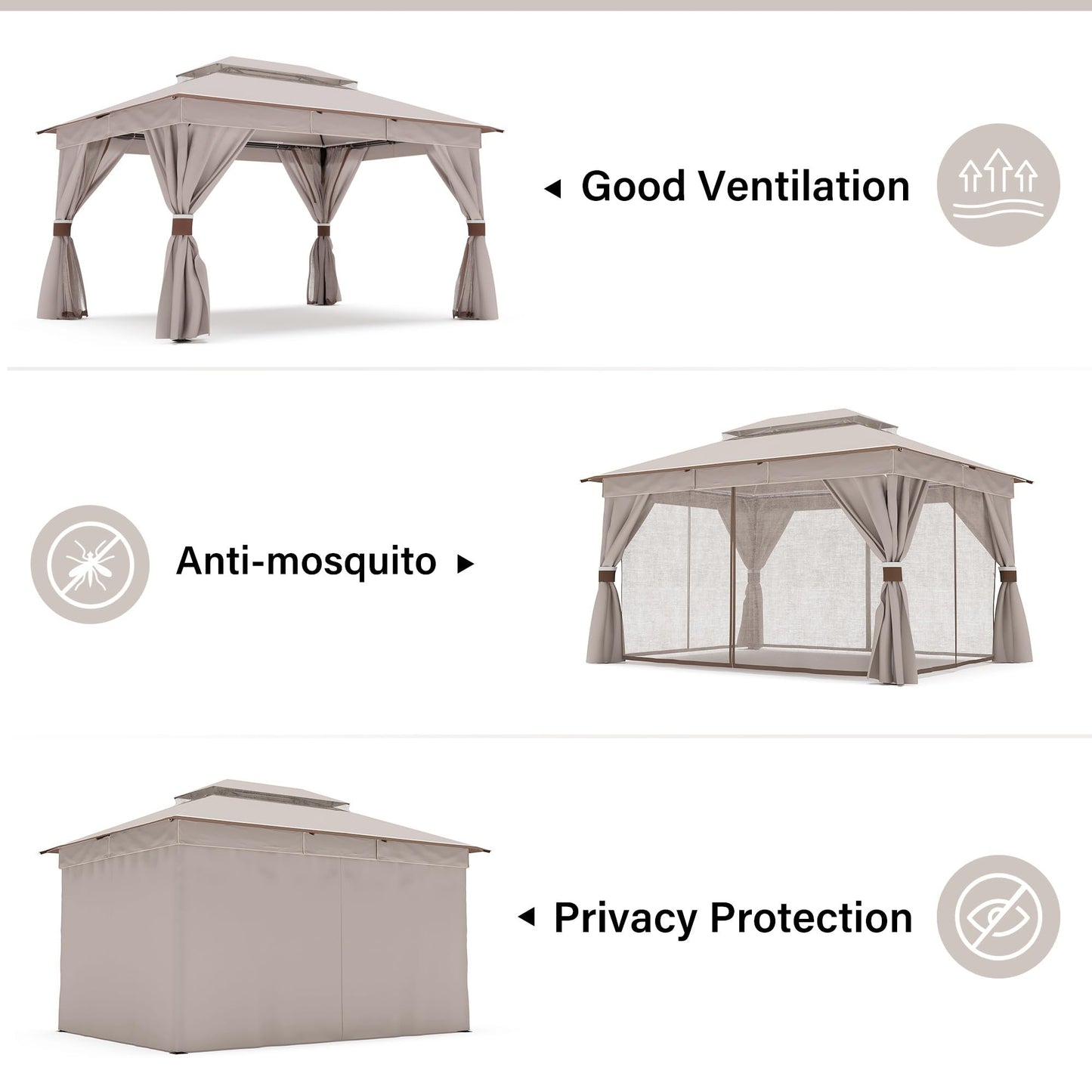 LAUSAINT HOME 10'x13' Outdoor Gazebo, Metal Frame Heavy Duty Patio Canopy Tent Shelter with Double Roofs, Mosquito Nettings and Privacy Screens for Backyard, Garden, Lawn, Classic Khaki