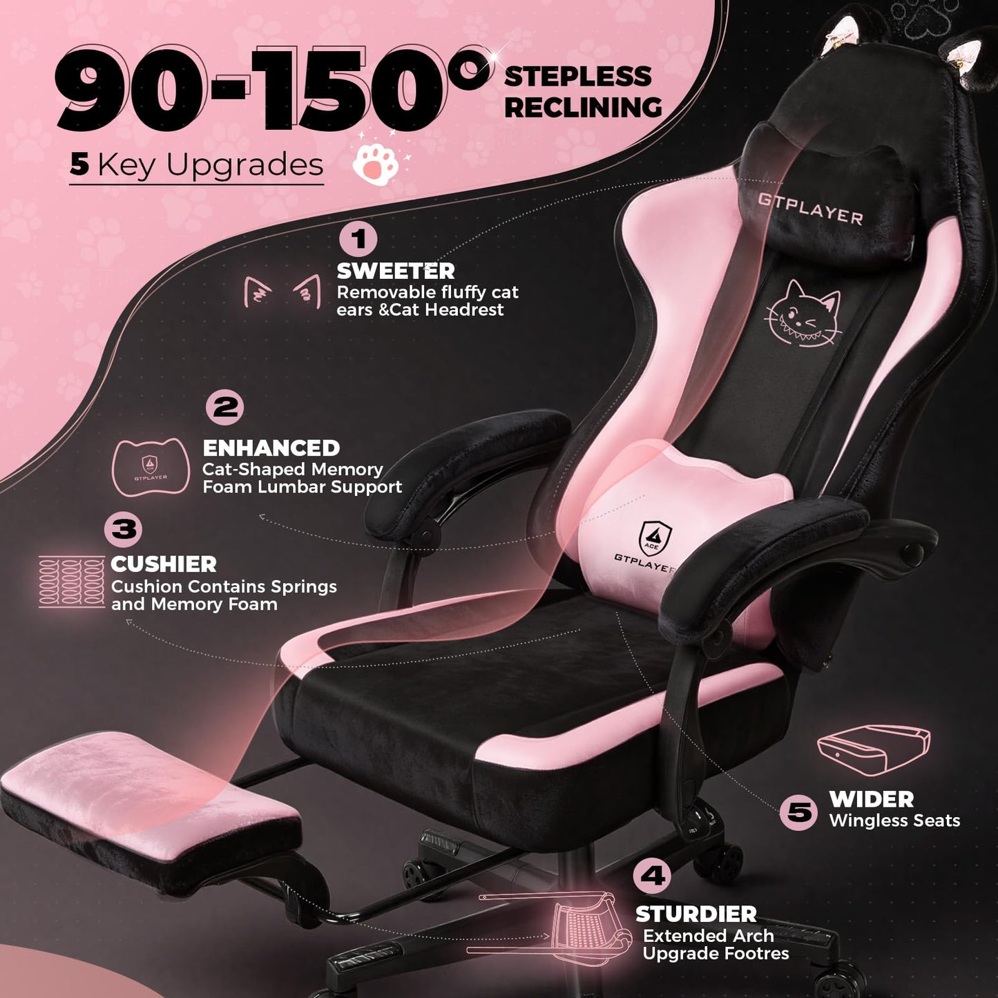 GTPLAYER Pink Gaming Chair Cute with Cat Ears Ergonomic Computer Chair with Cat Embroidery Adjustable Memory Foam Lumbar Support and Headrest Comfortable Reclining Office Chair Soft Velvet Fabric