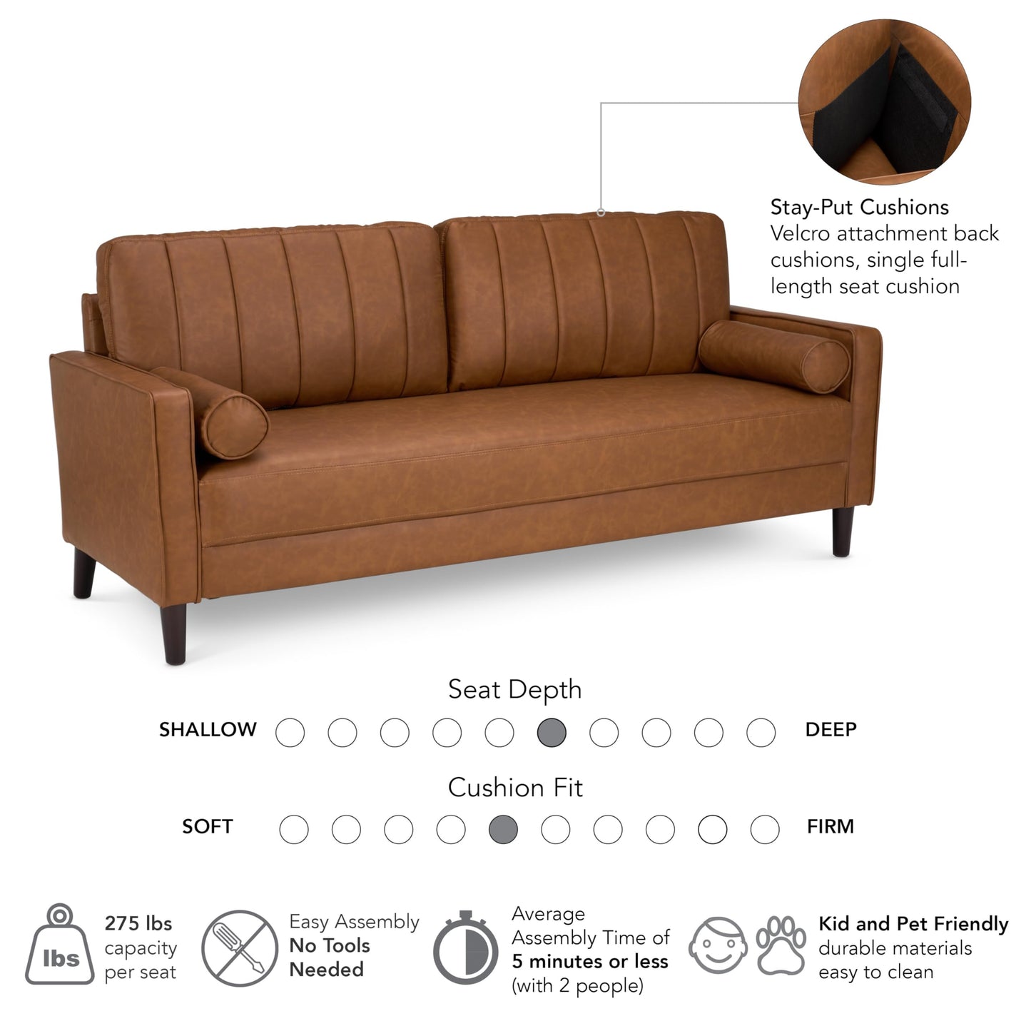Bush Home 77-inch Sofa, Living Room Furniture, Max Collection, Buffed Camel Vegan Leather