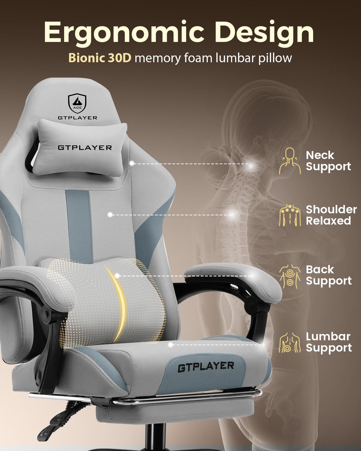 LUCKRACER Big and Tall Gaming Chair, 350Lbs Heavy Duty Office Chairs High Back Computer Chairs with Foot Rest Wide Cushion Lumbar Support Desk Chair Comfy for Adults Breathable Fabric, Smoky-Grey