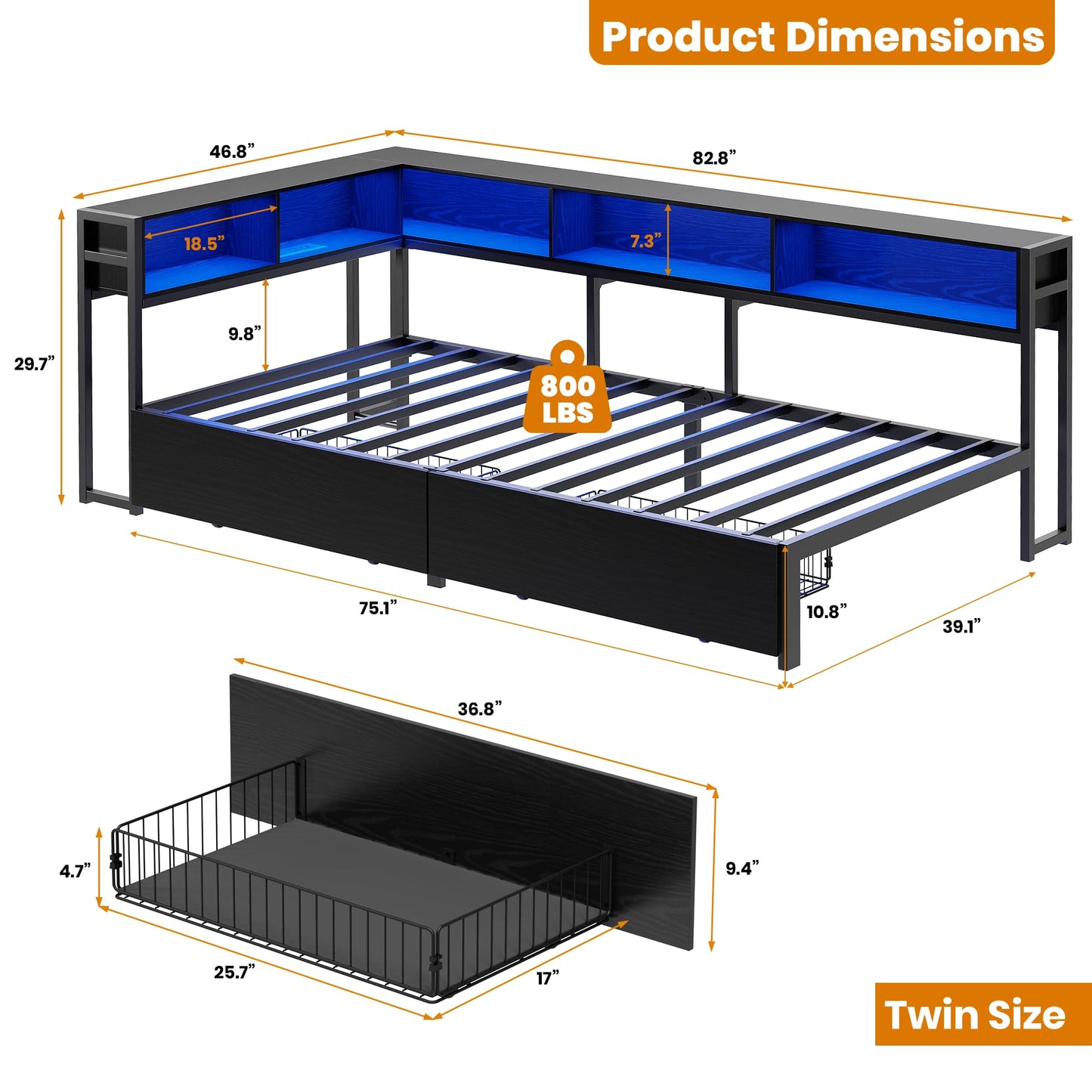 Garvee Twin Corner Bed Frames - with Charging Station and LED Lights, Twin Size Bed Platform with 2 Storage Drawers and Bookcase Headboard, Modern Twin Daybed for Kids Teens Guests, Black