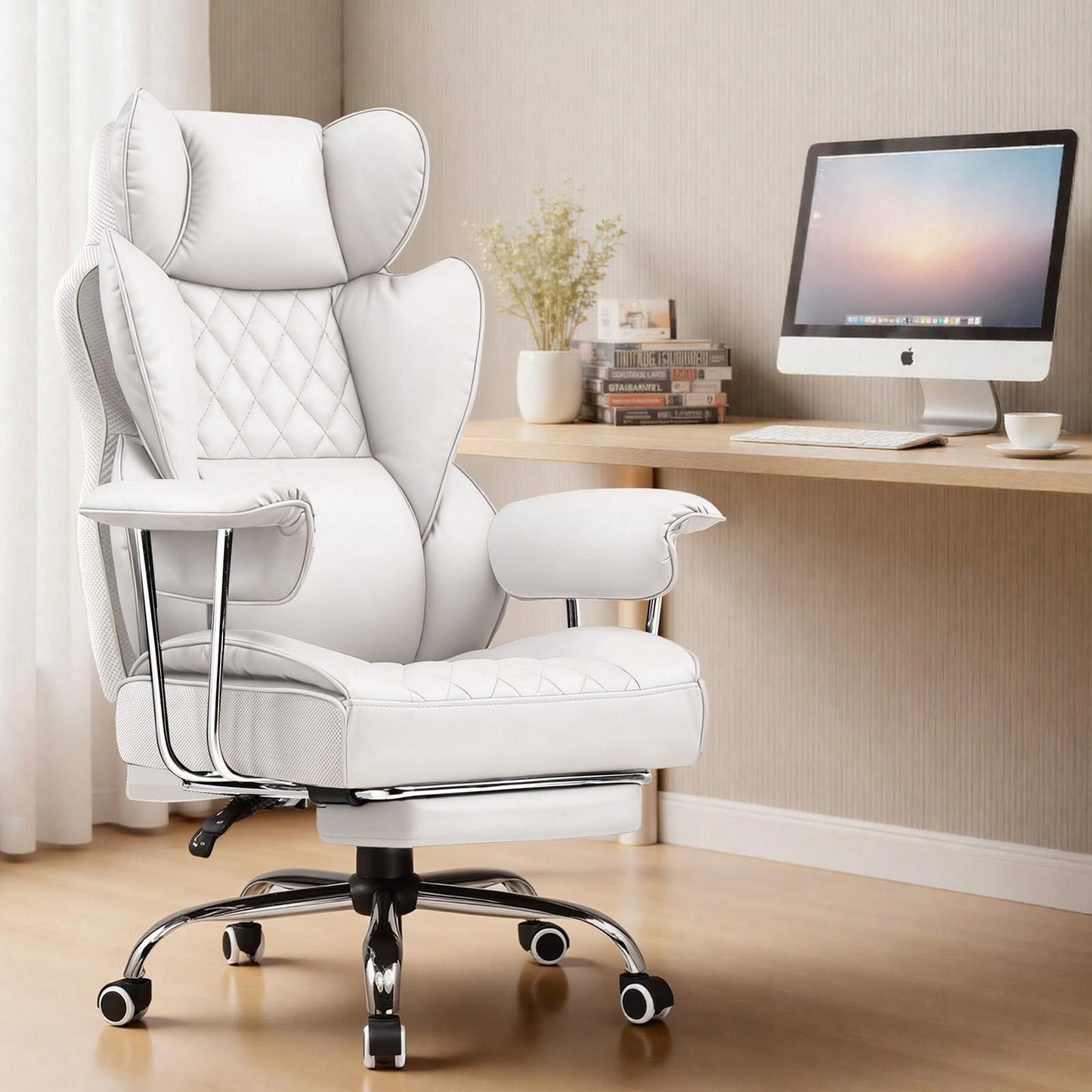 COMHOMA Big and Tall Gaming Chair with Pocket Spring Lumbar Support, Ergonomic Office Chair with Footrest, Executive Desk Chair with Outward Fixed Soft Armrests, Computer Chair with High Back, White
