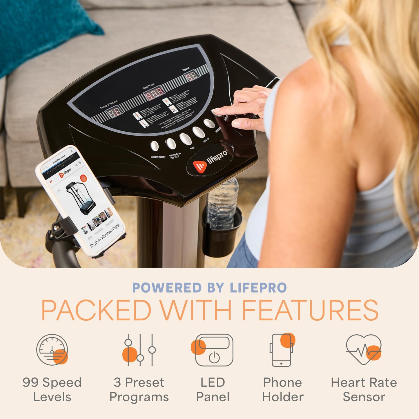 Lifepro Rhythm Vibration Plate Exercise Machine — 99 Speeds & Heart Rate Monitor Whole Body Vibration Platform Machine for Lymphatic Drainage with Handles — Standing Vibrating Platform for Home Gym