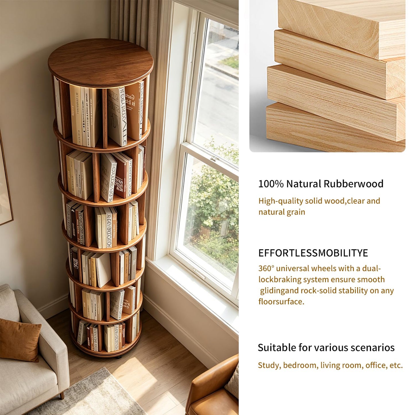 6-Tier Rubberwood Rotating Bookshelf, 360° Spinning Bookcase with Lockable Wheels, Space-Saving Freestanding Corner Storage Rack, Walnut Finish, 17.3"D×17.3"W×78.5"H for Living Room Office Bedroom