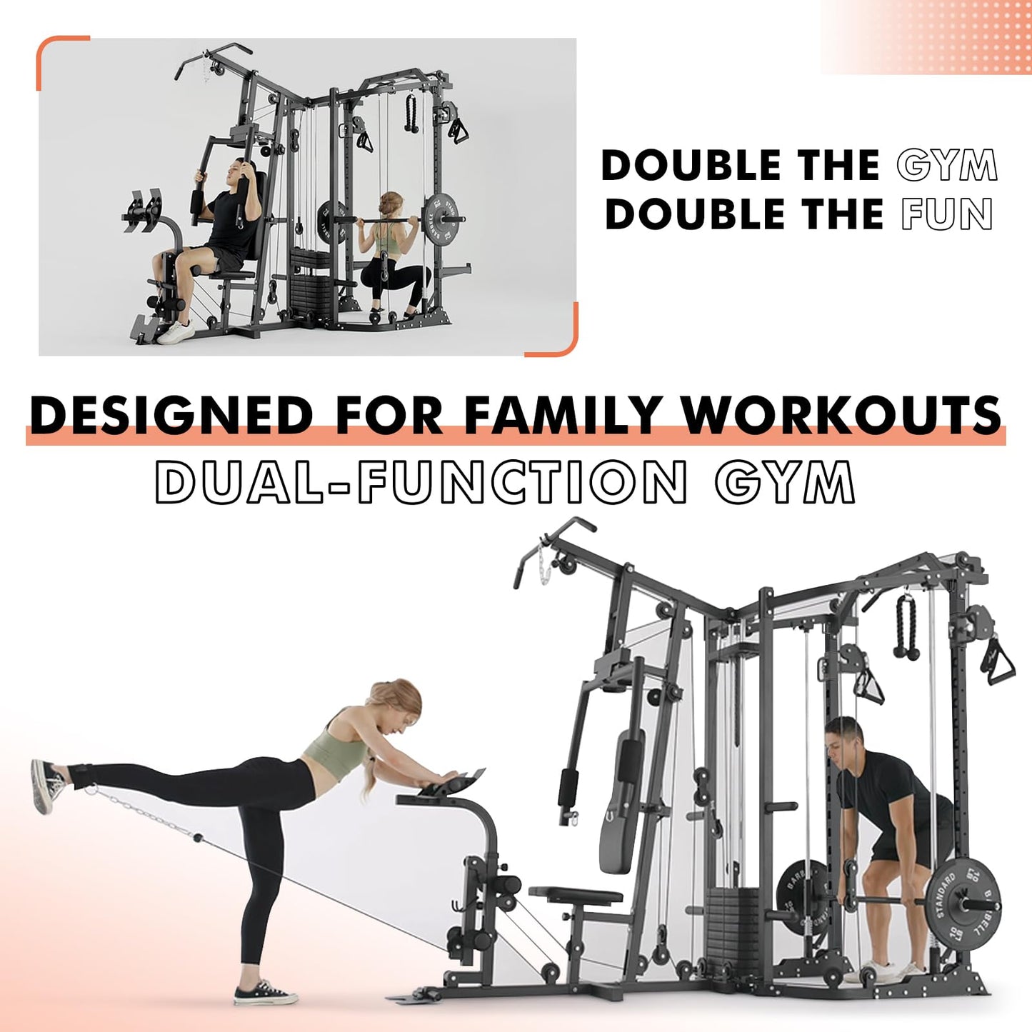 GMWD Dual-Station Smith Machine Power Cage, All-in-One Home Gym Workout Station with 121LB Weight Stacks & Cable Crossover, Professional Functional Trainer for Couples & Family Strength Training
