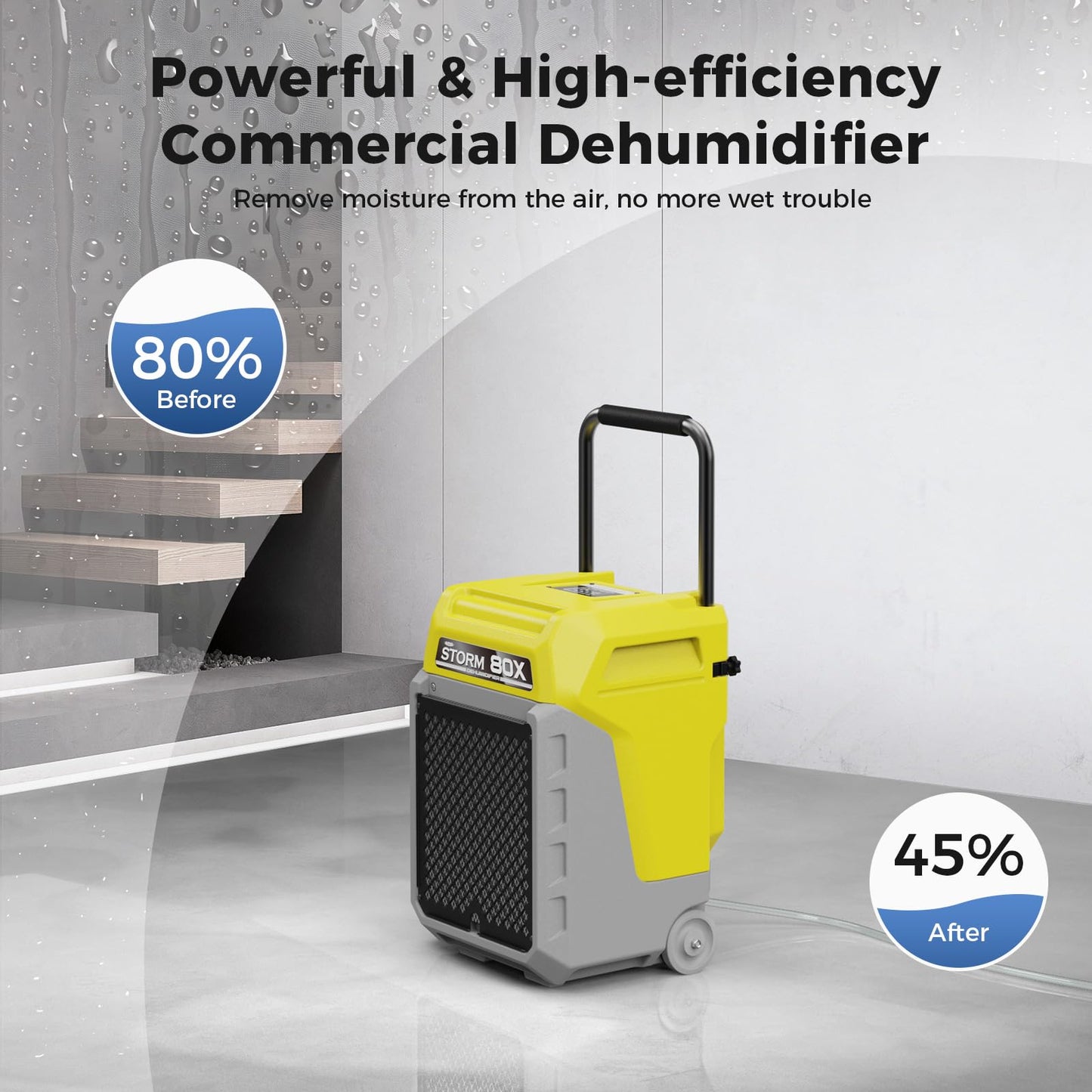 ALORAIR 170 PPD Commercial Dehumidifier with Pump & Drain Hose, LGR Industrial Use, Portable Dehumidifier with Wheels for Water Damage Restore, 6 Year Limited Warranty, Storm 80X (Yellow)