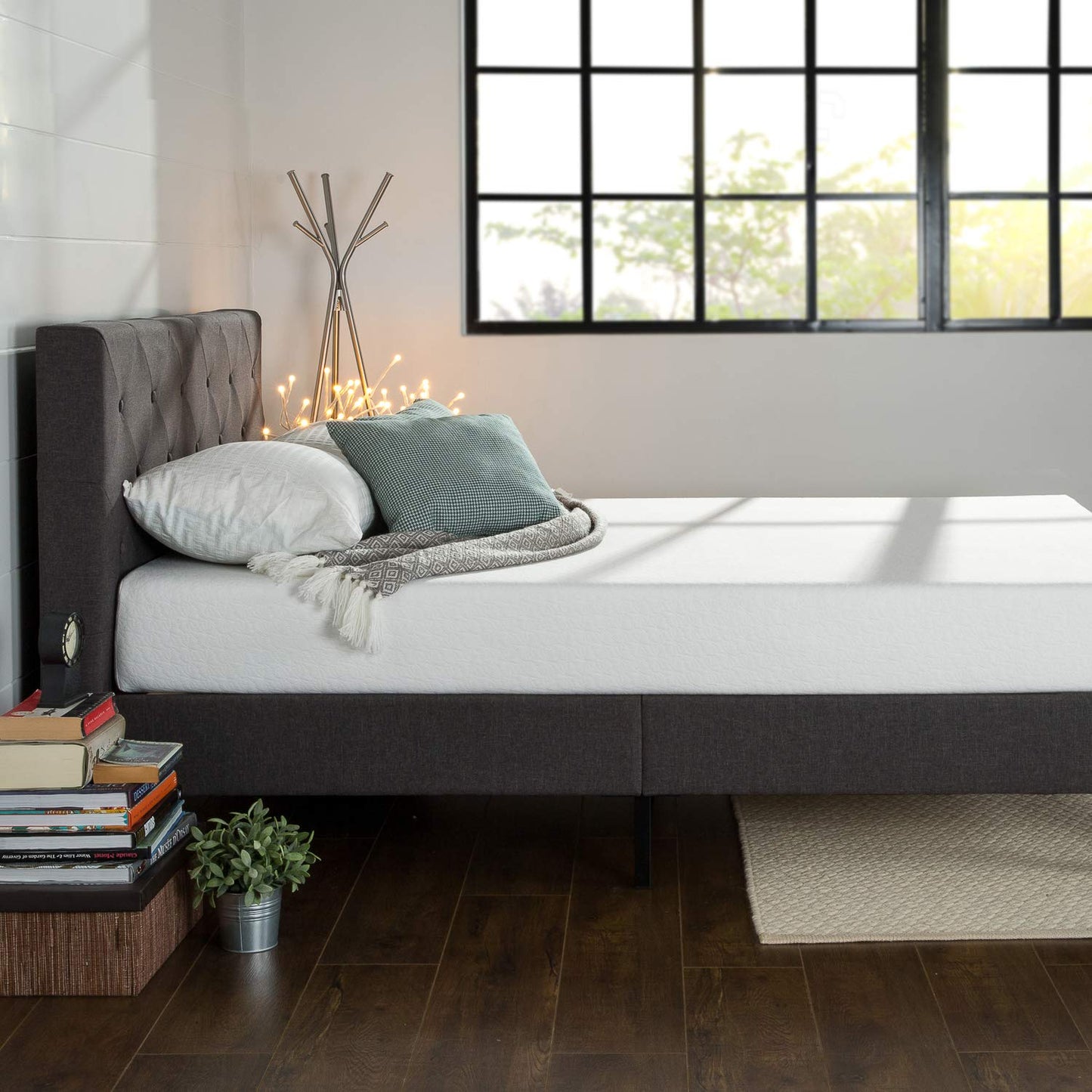 Zinus Shalini Upholstered Platform Bed Frame, Mattress Foundation, Wood Slat Support, No Box Spring Needed, Easy Assembly, Dark Grey, Queen